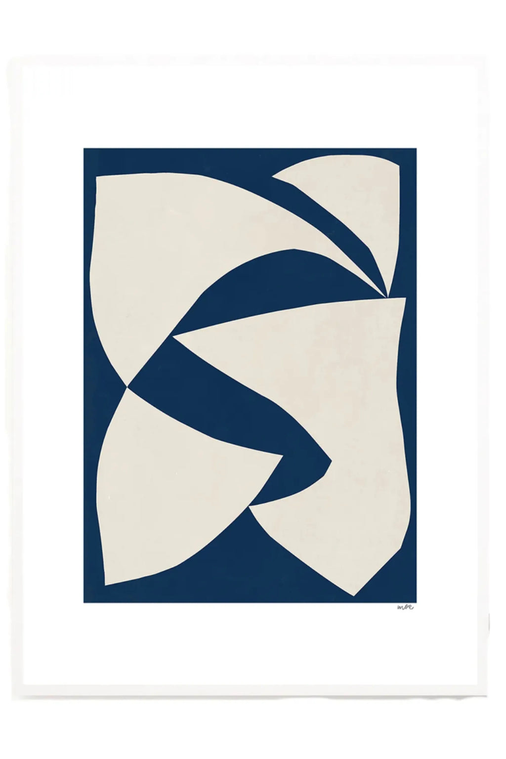 The Poster Club Dynamics, a modern abstract art print featuring organic curvilinear shapes in a light beige hue against a deep navy blue background, creating a minimalist yet dynamic composition.