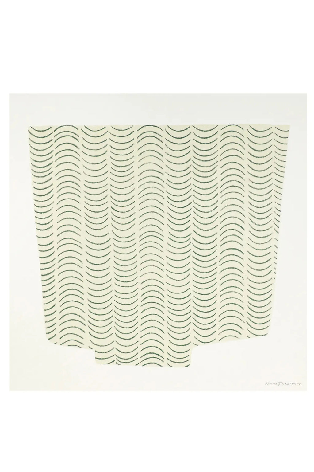 The Poster Club Something to Keep, a minimalist abstract art print featuring a repeating pattern of dark green wavy lines with a hand-drawn texture against a soft cream background. The graphic element has an organic, flowing shape, resembling a draped textile, with a unique irregular bottom edge. This contemporary paper poster is ideal for modern gallery walls, Scandinavian bedrooms, or organic modern living room decor.