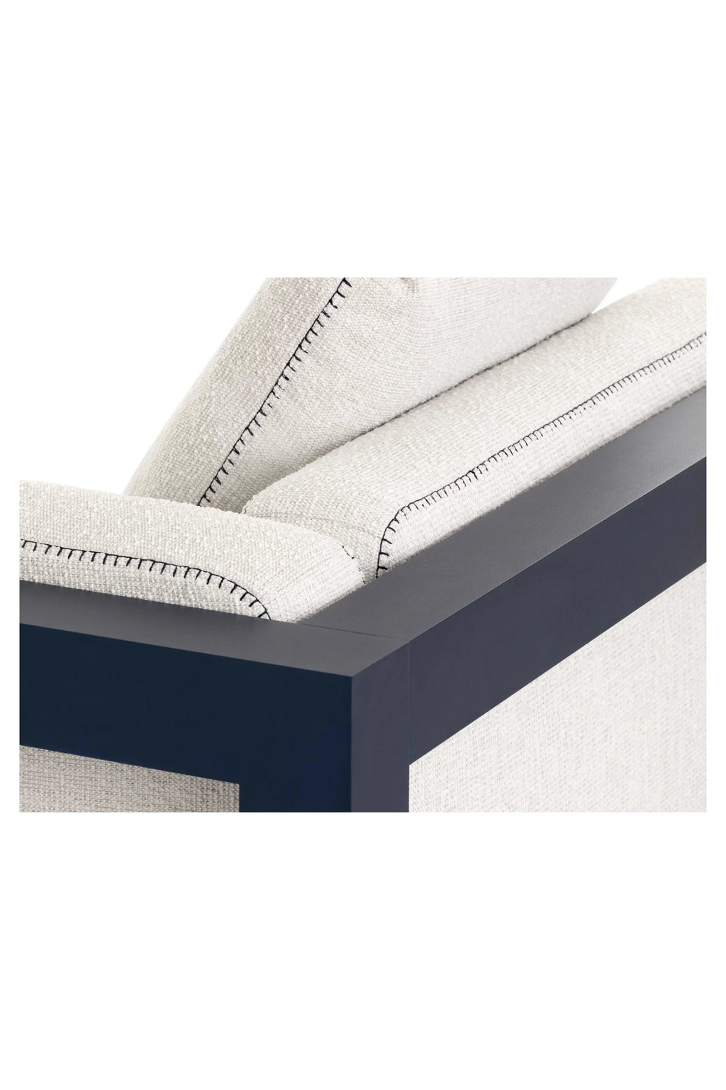Gandia Blasco Islablanca Outdoor 2 Seat Sofa, a modern outdoor sofa featuring plush cushions upholstered in a textured cream weather-resistant fabric with distinctive black stitched detailing, set within a sleek dark navy blue powder-coated metal frame. This contemporary 2-seater sofa is perfect for stylish patio, deck, or garden living spaces.