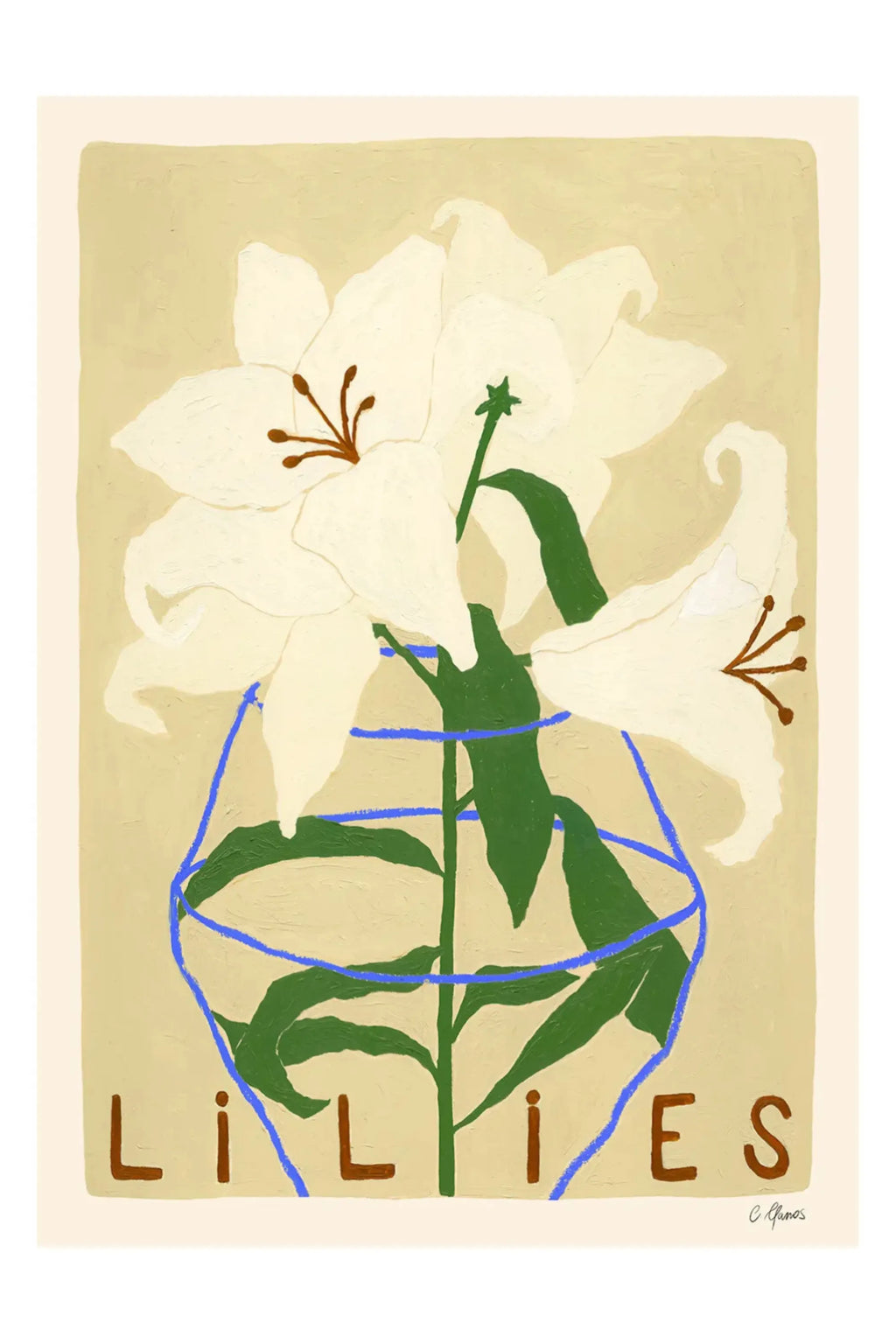 The Poster Club Lilies, a modern abstract floral art print featuring three large white lilies with brown stamens and dark green stems, set against a warm, textured cream-beige background. A vibrant blue line art outlines an invisible vase, adding a minimalist, contemporary touch to this botanical poster. Ideal for organic modern wall art in living rooms, bedrooms, or as a serene accent in gallery wall decor.