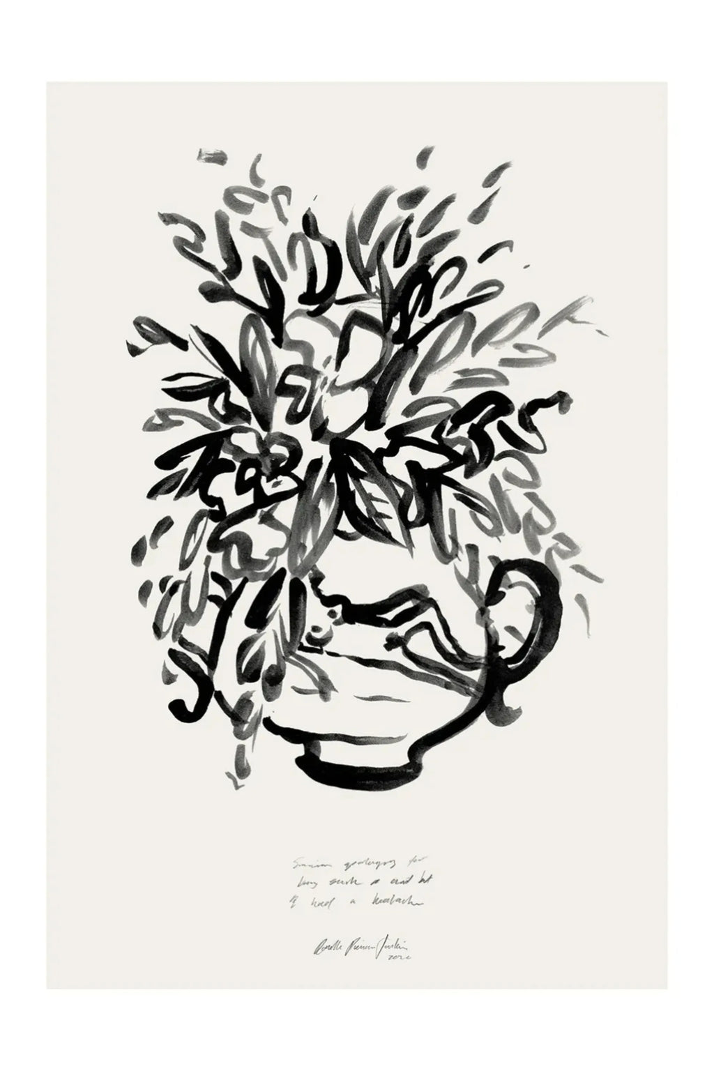The Poster Club Condolences 04, a striking abstract art print featuring bold black ink gestural brushstrokes that form an organic botanical arrangement within a minimalist vase shape, set against a warm off-white background. This expressive black and white design captures a modern minimalist or Scandinavian aesthetic with its fluid lines and artistic texture. Ideal as contemporary wall art for a living room, bedroom, or gallery wall in design-conscious interiors.