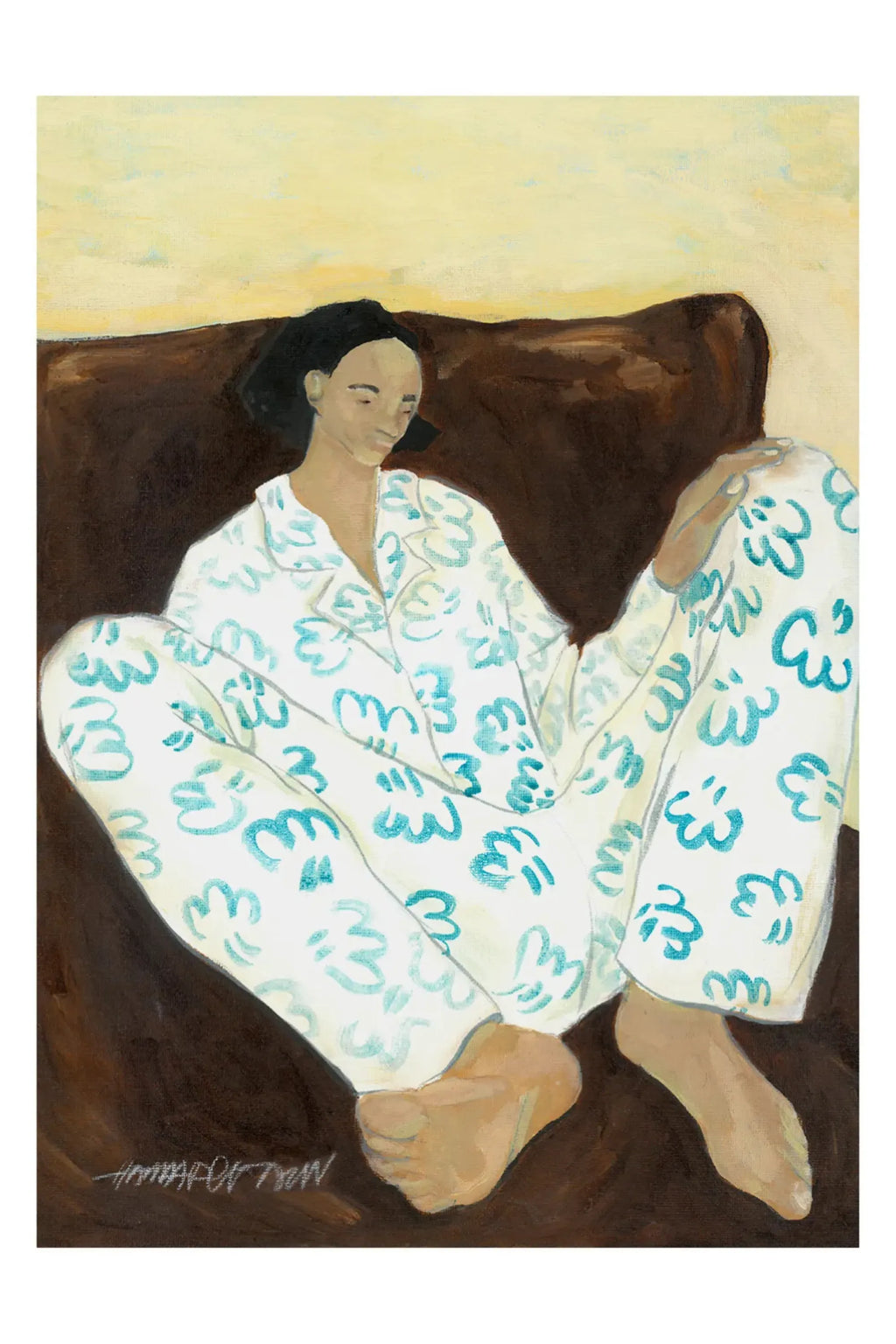 The Poster Club Making Time, an original figurative art print by Hannah O'Donoghue, depicts a relaxed woman in cream pajamas with a light blue organic pattern, seated on a dark brown sofa against.