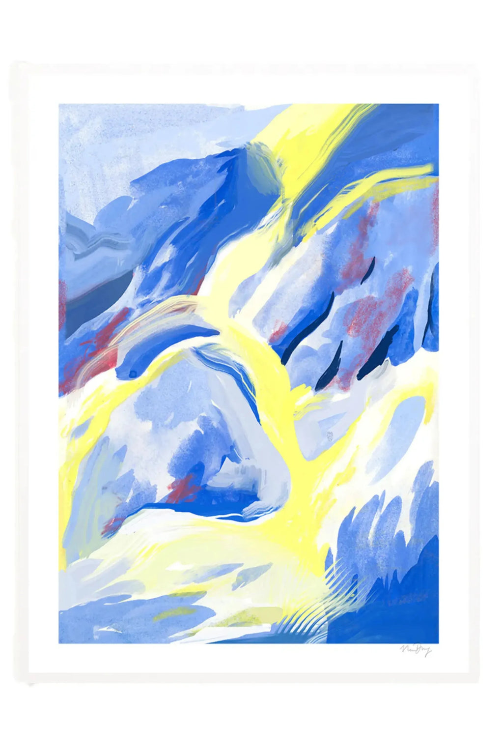 The Poster Club Blue Strokes, a vibrant abstract art print featuring expressive painterly brushstrokes in varying shades of blue, bright yellow, and hints of red, creating a dynamic contemporary composition. This colorful modern wall art is perfect for adding an artistic touch to living rooms, bedrooms, or gallery walls.