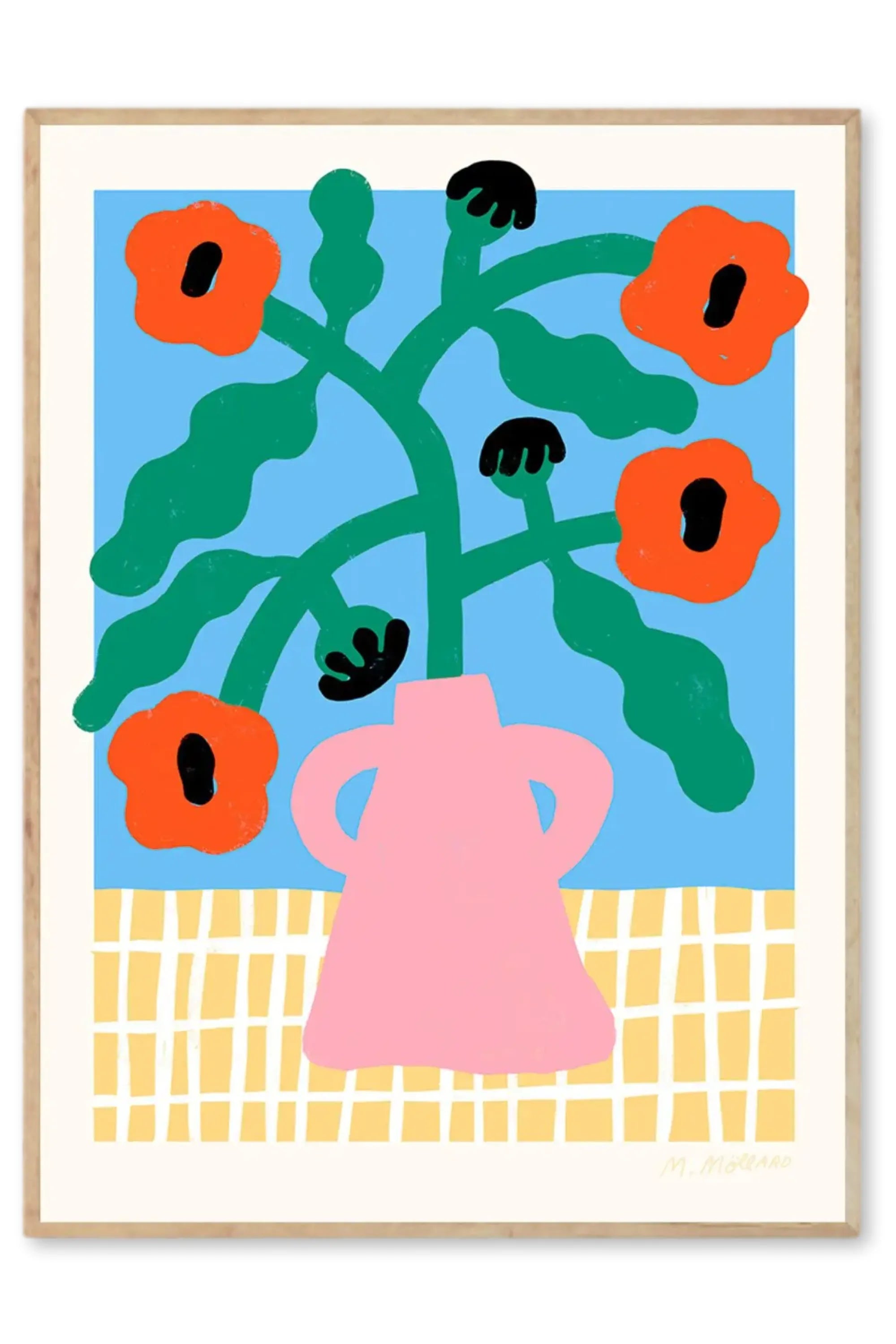 Red Poppies in Pink Vase