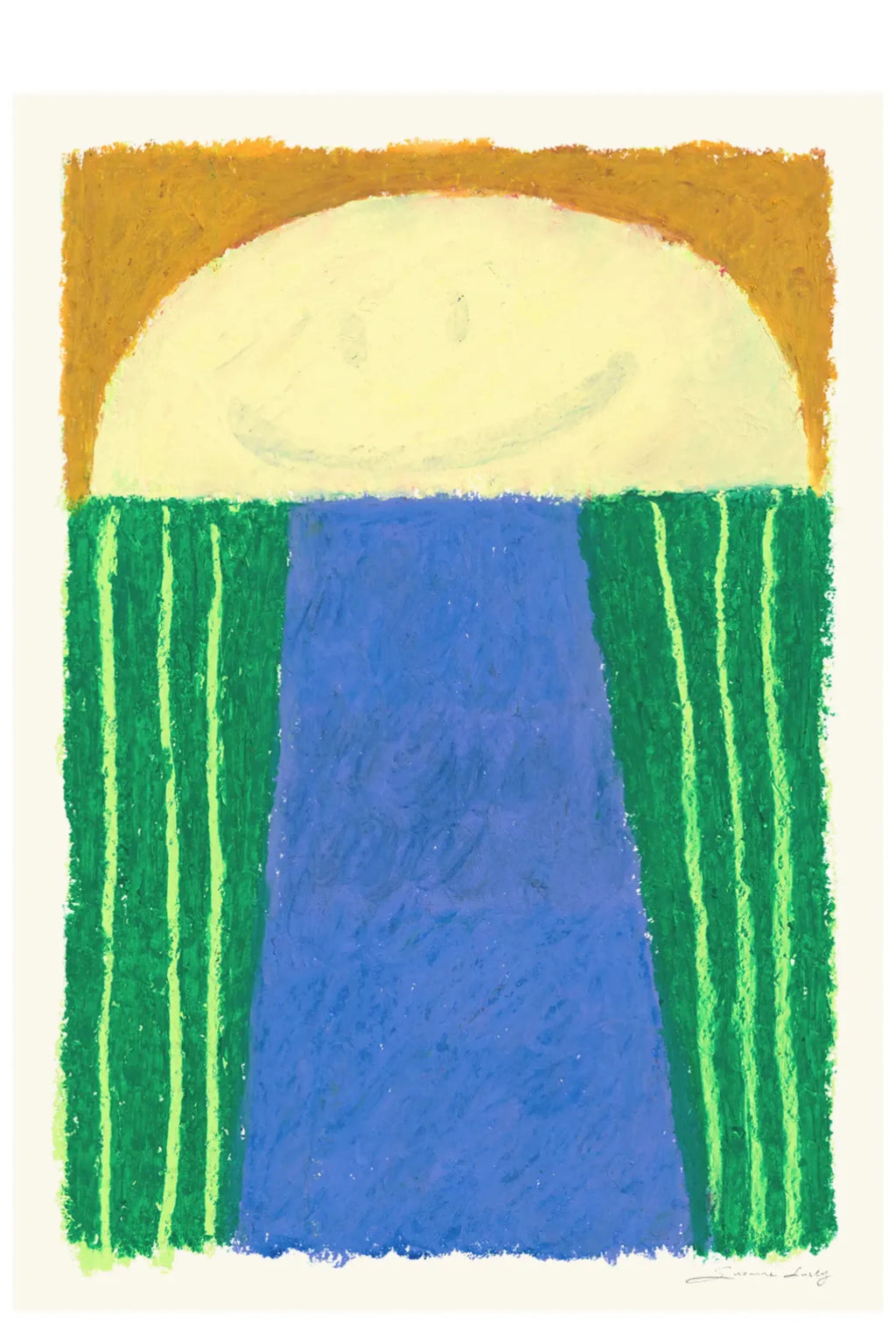 The Poster Club Giggly Gills, a playful abstract art print featuring a textured oil pastel aesthetic with a creamy yellow semi-circle, a warm mustard yellow arch, vibrant green vertical stripes, and a central periwinkle blue rectangle. This contemporary naive art style poster is ideal for adding a cheerful, childlike touch to a modern living room, nursery decor, or a colorful gallery wall.