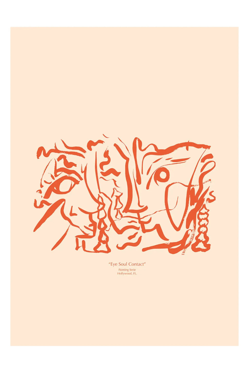 The Poster Club Soul Contact 01, a minimalist abstract art print featuring expressive, interconnected faces rendered in bold, rust-colored brushstrokes on a soft peach background, titled "Eye Soul Contact.