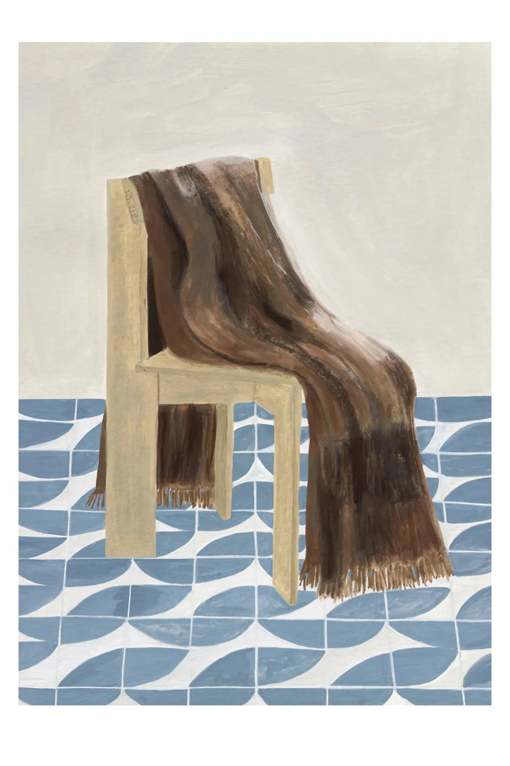 The Poster Club Chair with Blanket, an elegant contemporary art print depicting a simple light beige wooden chair draped with a plush, textured brown blanket featuring subtle stripe variations.