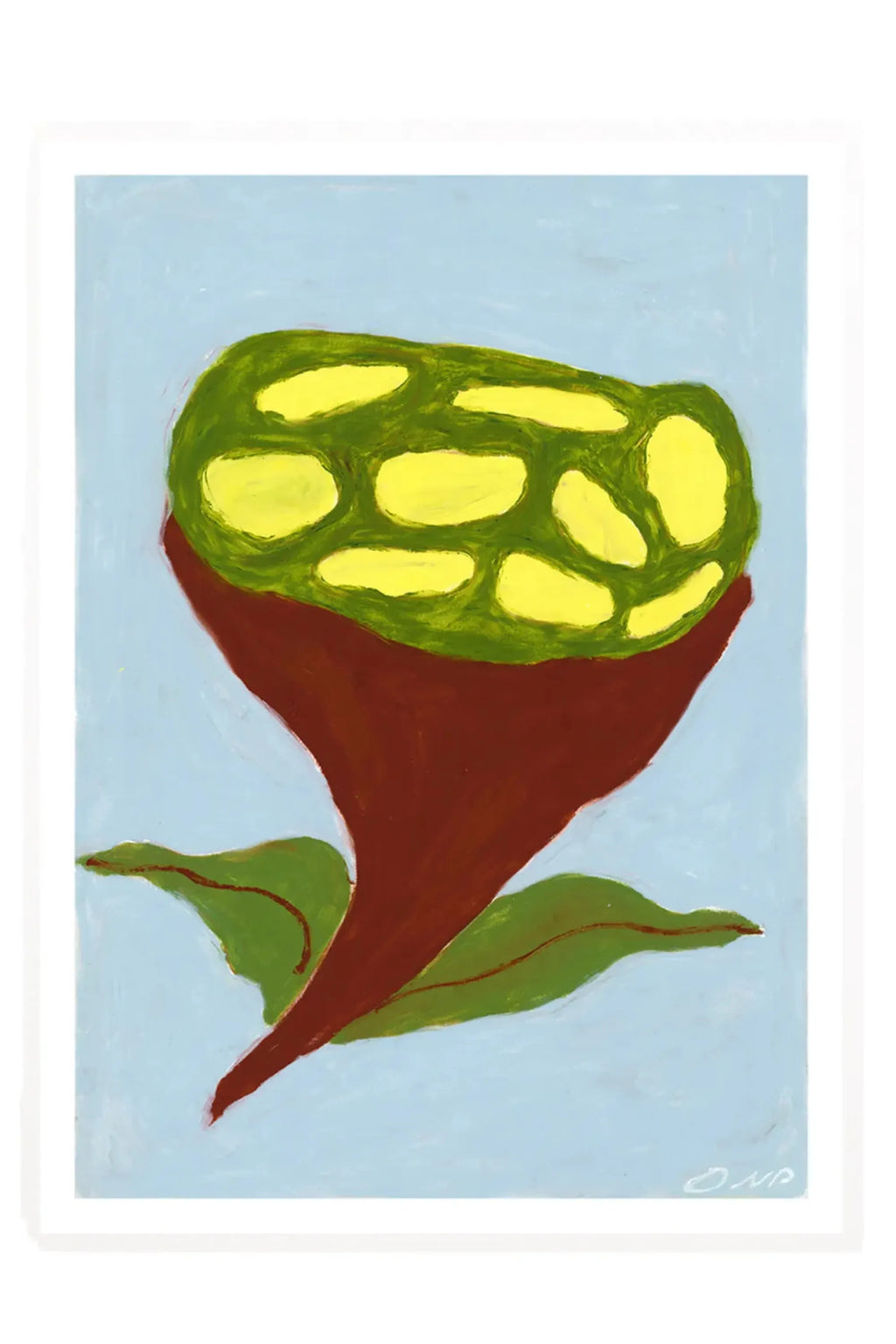 The Poster Club Flower Flying, an abstract art print featuring an organic, painterly floral motif in vibrant and earthy tones. It showcases a reddish-brown stem-like base with olive green leaves and a top blossom filled with bright yellow shapes, all set against a soft light blue background. This contemporary abstract wall art is perfect for adding an organic modern touch to living rooms, bedrooms, or gallery walls.