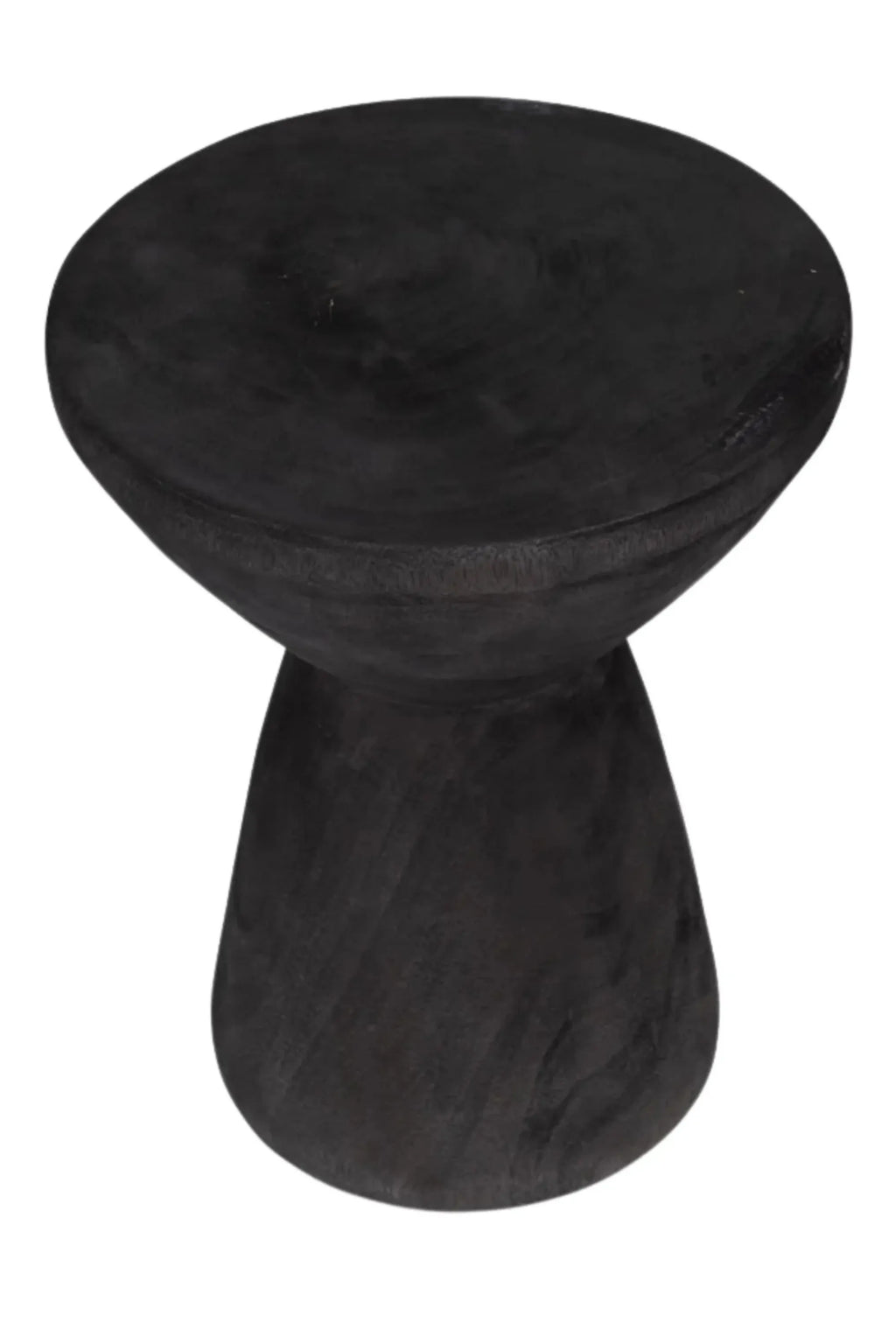 Detjer Stool S.A.S. 006, a dark charcoal black solid wood stool with an organic modern sculptural design and a rustic textured finish. Its unique hourglass shape features a round flat top and a conical base, showcasing natural wood grain. Ideal as an accent stool, side table, or plant stand for living rooms, bedrooms, or entryways in wabi-sabi or contemporary minimalist interiors.