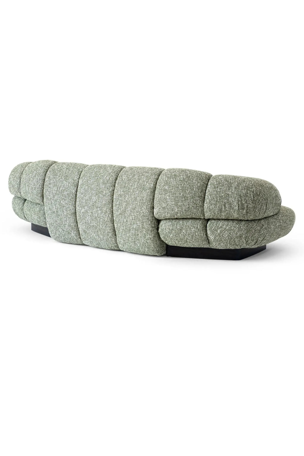 Hessentia Kiro Long Sofa, a sculptural organic modern sofa upholstered in a textured sage green bouclé fabric, featuring a distinctive segmented, pill-like silhouette and rounded ends, set on a sleek, low-profile.