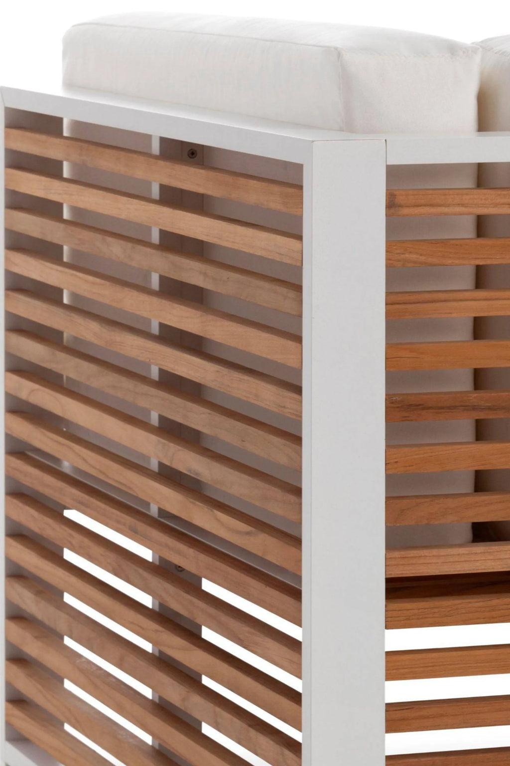 Gandia Blasco DNA Teak 3-Seat Sofa, a modern outdoor sofa featuring a crisp white aluminum frame and natural teak wood slatted side panels, providing a warm contrast. It has plush white fabric cushions, offering comfortable and stylish outdoor seating. Perfect for contemporary patio living rooms, poolside areas, or garden spaces.