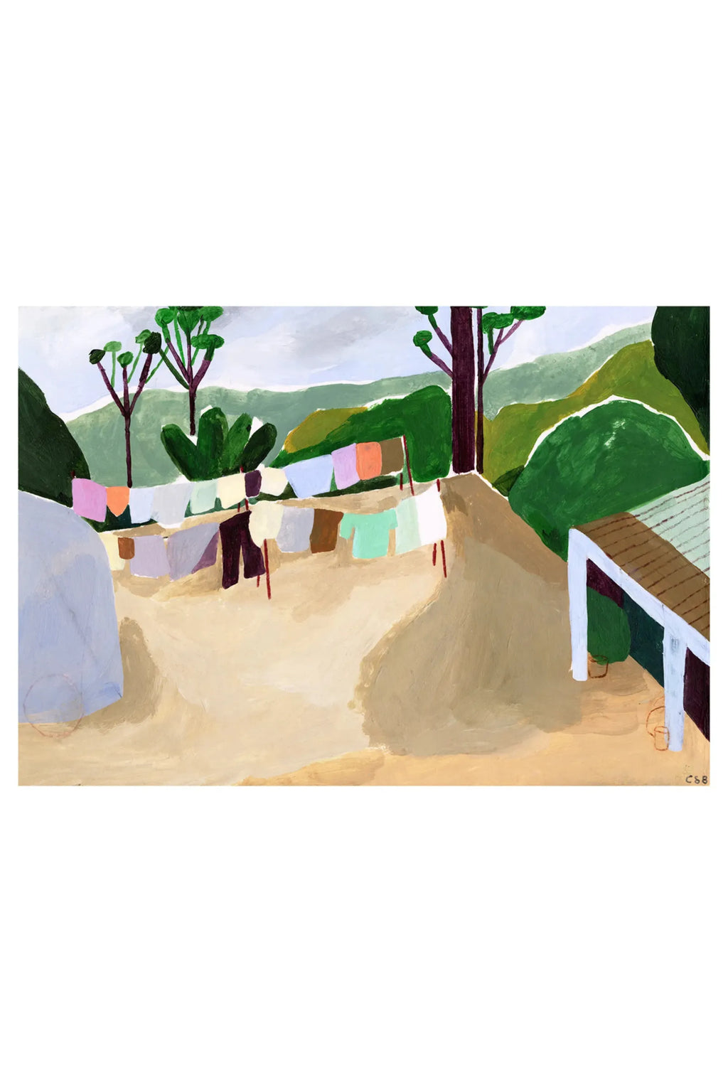 The Poster Club Sri Lanka, an abstract landscape art print featuring a vibrant outdoor scene with a clothesline laden with muted pastel laundry in pale pink, orange, light blue, and mint green.