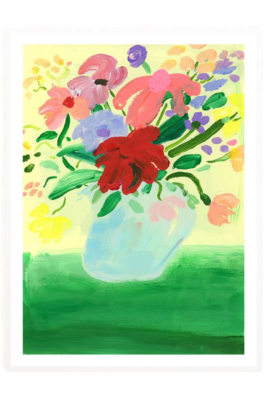 The Poster Club Flowers on Green Tablecloth, a vibrant abstract floral art print featuring a lively bouquet of red, pink, purple, and yellow flowers with green leaves in a light blue vase, set against a cheerful pale yellow background and a rich green tablecloth. The painting showcases bold, expressive brushstrokes and a contemporary, painterly style. Perfect as colorful modern wall art for a living room, dining area, or a vibrant bedroom accent.