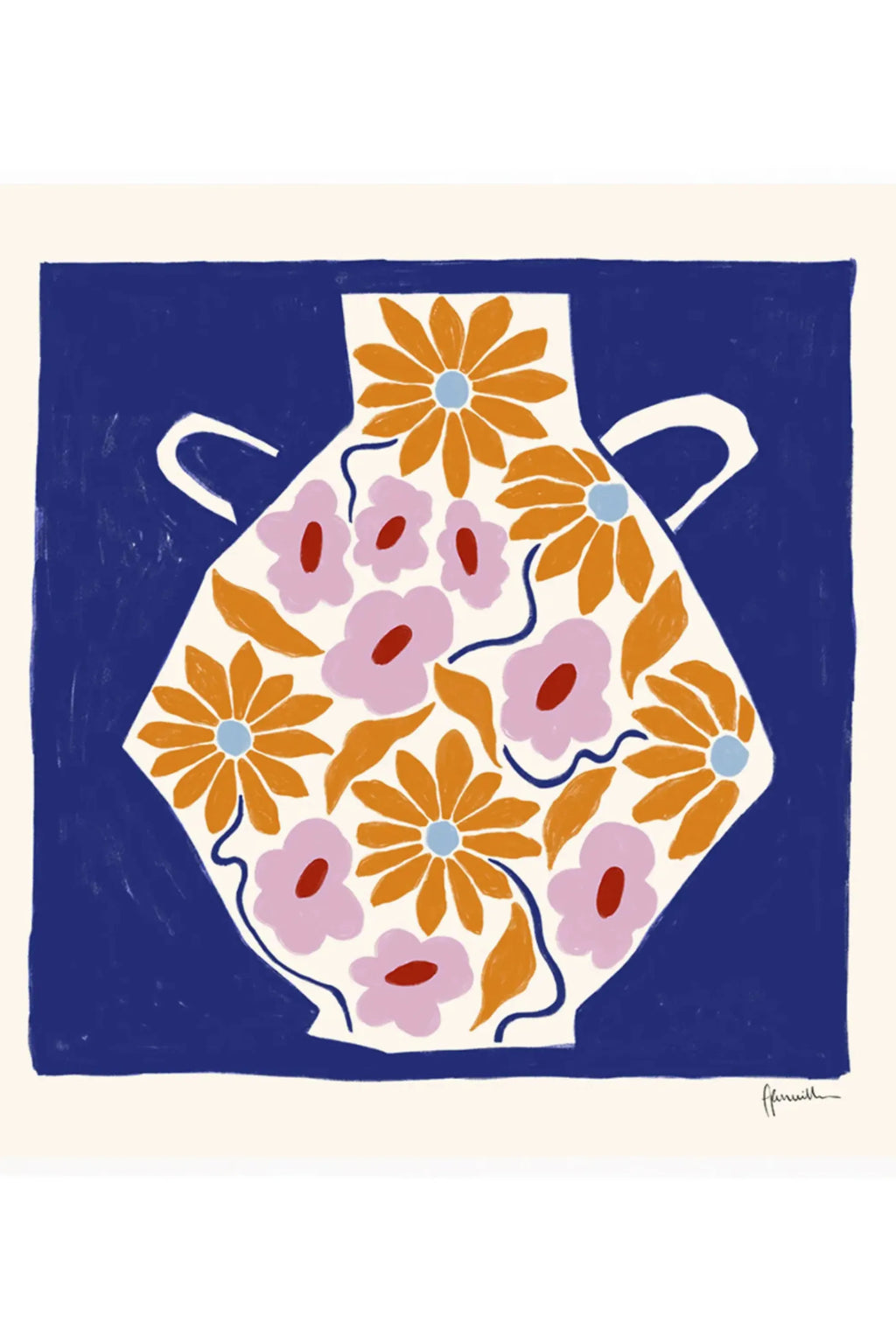 The Poster Club Sunflower Vase, a vibrant abstract floral art print depicting a stylized urn-shaped vase silhouette filled with cheerful orange sunflowers and soft pink flowers, accented with blue and red centers. Set against a rich indigo blue background with visible brushstroke texture and an off-white border, this colorful poster is perfect for modern minimalist, bohemian, or contemporary living rooms and gallery walls.