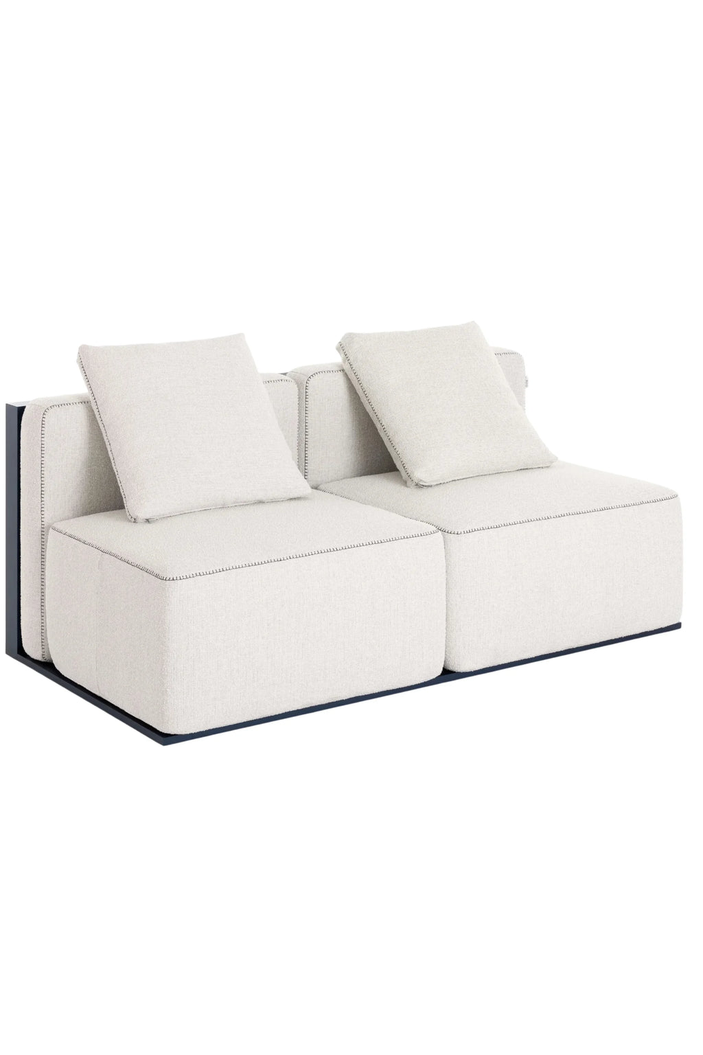 Gandia Blasco Islablanca Outdoor Sofa - Sectional 4, a contemporary low-profile outdoor sectional sofa upholstered in a light beige textured outdoor fabric with contrasting dark grey stitching and a sleek charcoal metal base. This modular lounge furniture piece features plush, deep seating cushions and two back cushions, offering modern comfort and style. It's ideal for creating a sophisticated outdoor living room or patio setup.