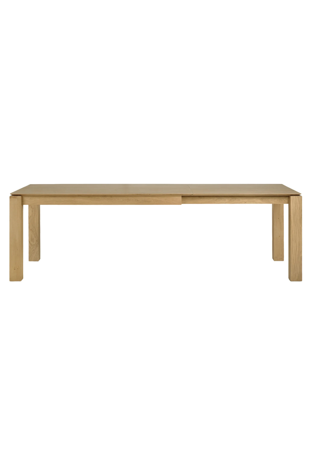 Ethnicraft Slice Extendable Dining Table, a modern minimalist solid oak dining table in a natural light wood finish, featuring a clean rectangular silhouette with thick, sturdy square legs and a smooth wood grain surface. The extendable design allows for versatile dining room arrangements, making it ideal for contemporary Scandinavian or organic modern interiors.