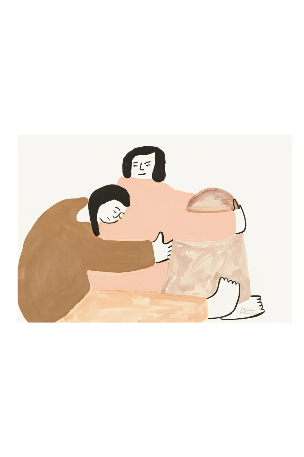 The Poster Club Stay Close, a minimalist illustration art print depicting two embracing figures with a contemporary folk art aesthetic, rendered in soft peach, warm brown, and off-white tones with visible brushstroke textures. This comforting abstract wall art is perfect for Scandinavian bedrooms, organic modern living rooms, or a serene nursery decor.