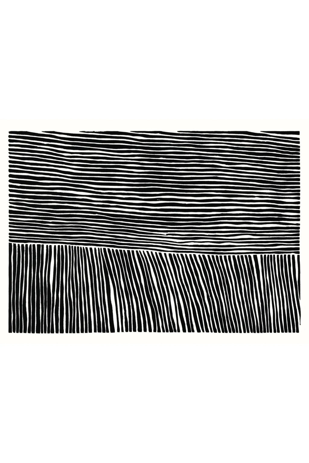 The Poster Club The Line no. 03, a striking black and white abstract art print featuring hand-drawn, organic horizontal lines across the top, transitioning to irregular, angled vertical stripes below.