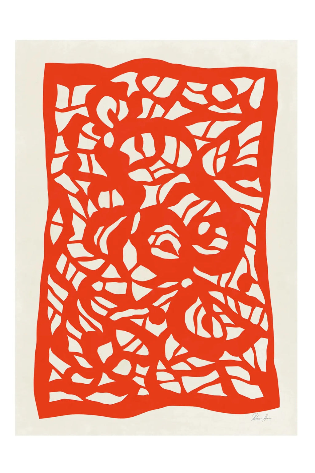 The Poster Club Root no. 04, a vibrant abstract art print featuring a bold vermilion orange-red cut-out shape with organic, root-like forms set against a creamy off-white background. This contemporary poster offers a modern minimalist aesthetic, ideal as striking wall art for a living room, bedroom, or a focal point in a curated gallery wall.