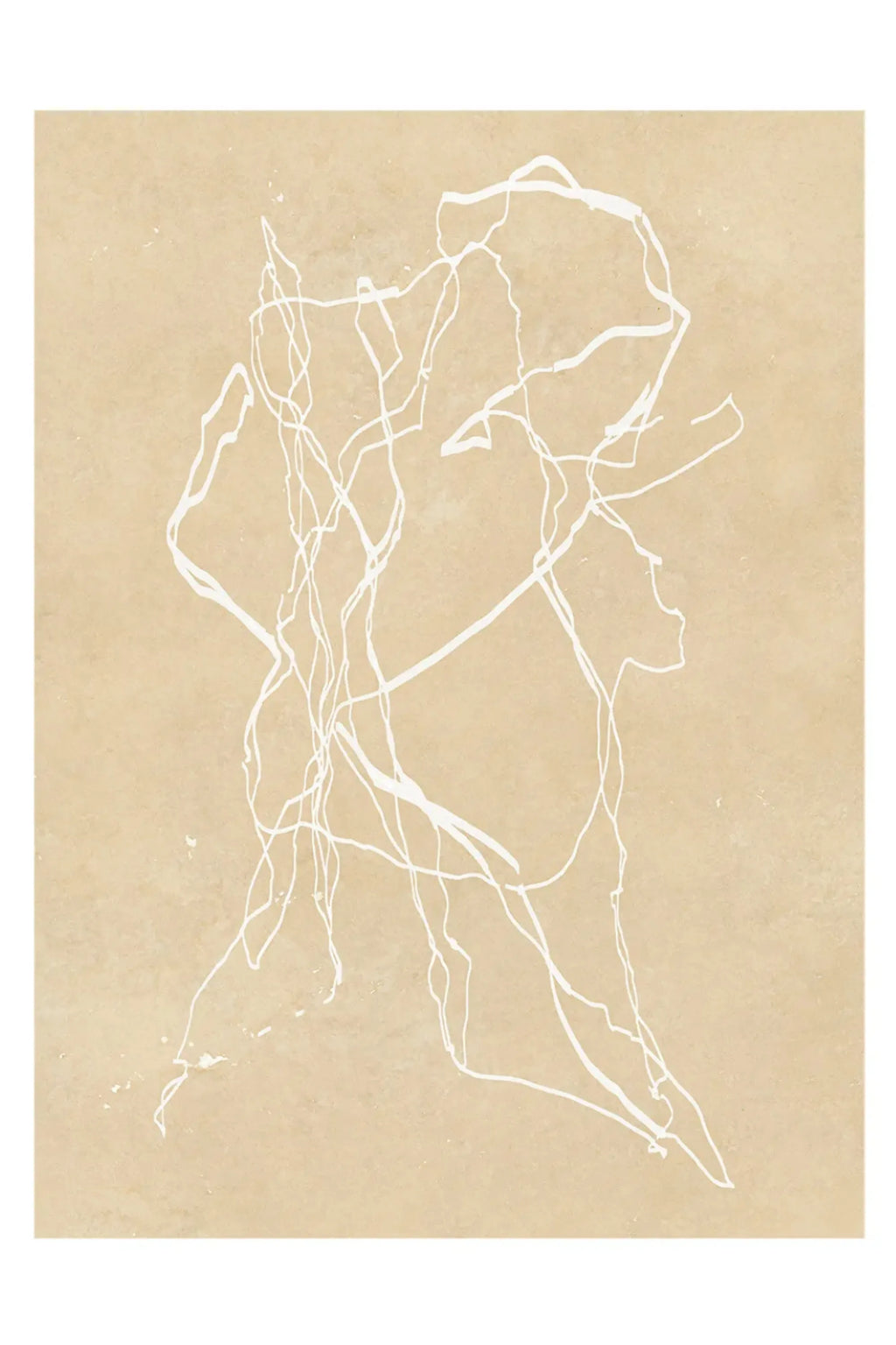 The Poster Club One Line No. 03, a minimalist abstract art print featuring fluid white organic lines creating an expressive composition against a warm beige textured background. This contemporary neutral wall art is perfect for enhancing modern minimalist, Scandinavian, or japandi interiors in a living room, bedroom, or home office.