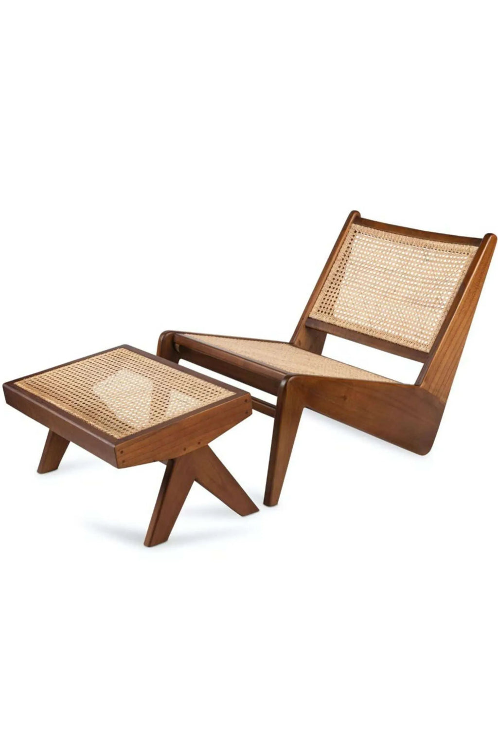 Detjer Chandigarh Kangaroo Footstool, a modern cane and wood ottoman with a natural woven cane seat and rich brown wood frame. This stylish and durable footstool is perfect for adding comfort and elegant design to any living space.