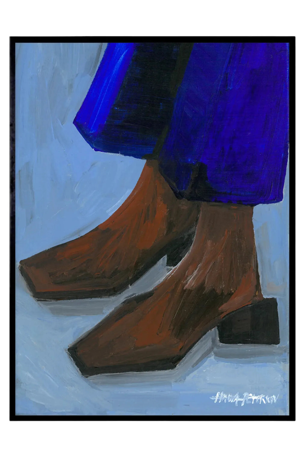 The Poster Club Boots and Blues, a compelling contemporary abstract art print depicting a pair of rich brown block-heeled boots beneath vibrant cobalt blue trousers, rendered with visible, expressive brushstrokes against.