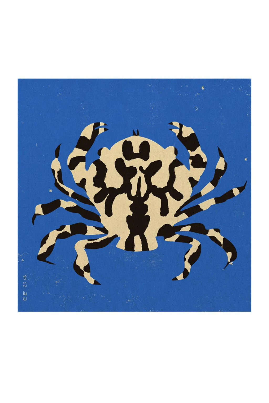 The Poster Club Calico Crab, a graphic abstract art print featuring a stylized crab with bold black and cream calico-like markings against a vibrant royal blue background, accented with subtle white star details and a textured finish. Perfect for contemporary coastal decor, modern gallery walls, or adding a playful touch to a child's bedroom or nursery.