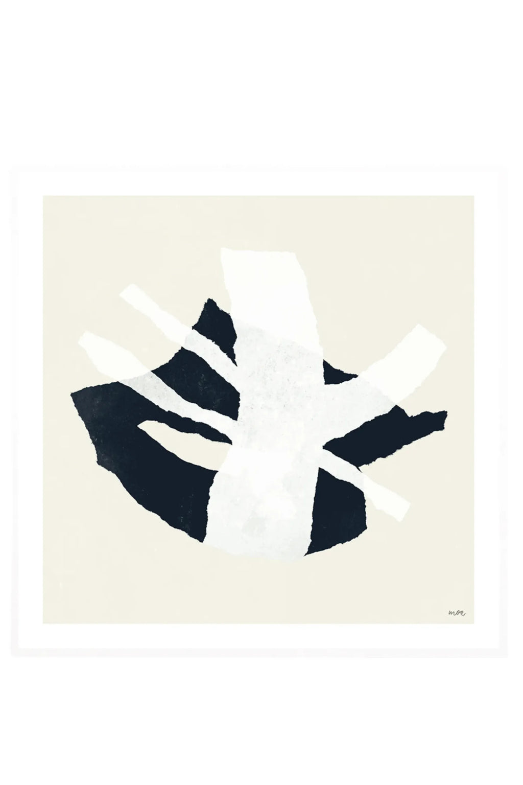 The Poster Club Branching II, a minimalist abstract art print featuring organic, torn-paper collage shapes in deep navy and white against a soft cream background. This contemporary art poster creates a layered effect with its bold, intersecting forms and subtle texture. Perfect as modern wall art for Scandinavian bedrooms, minimalist living rooms, or a curated gallery wall.