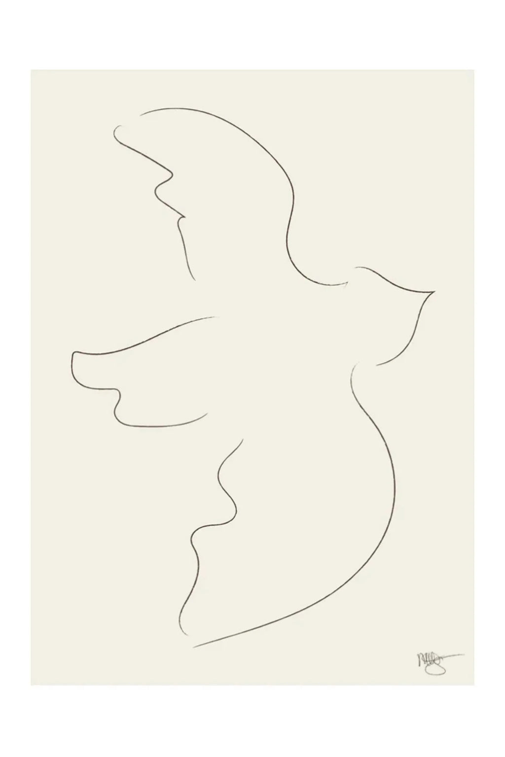 The Poster Club Fly Away, a minimalist abstract line art print featuring a graceful dark grey bird silhouette in flight against a soft off-white background, with fluid, organic lines in a Matisse-inspired style. Perfect as contemporary wall art for Scandinavian living rooms, modern minimalist bedrooms, or serene nursery decor.
