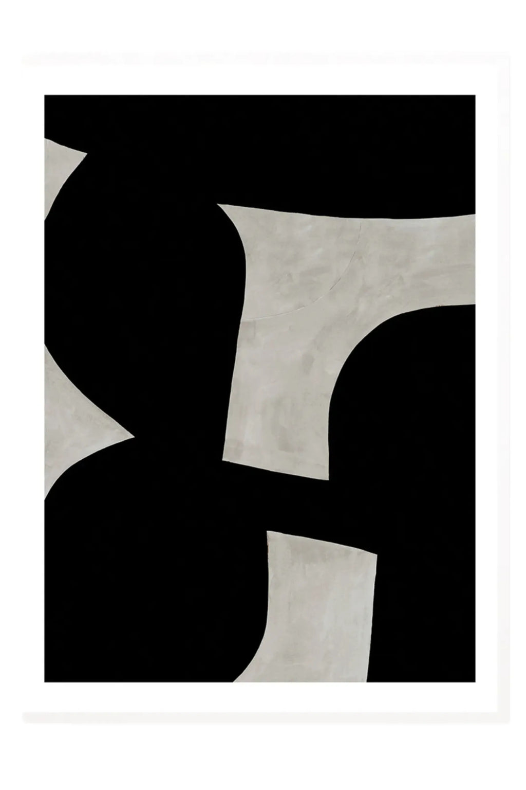 The Poster Club Bridge, a minimalist abstract art print featuring bold, organic black shapes contrasted against a subtly textured light grey background, creating a dynamic monochrome composition. This contemporary wall art is ideal for modern living rooms, Scandinavian bedrooms, or gallery walls seeking an organic modern aesthetic.