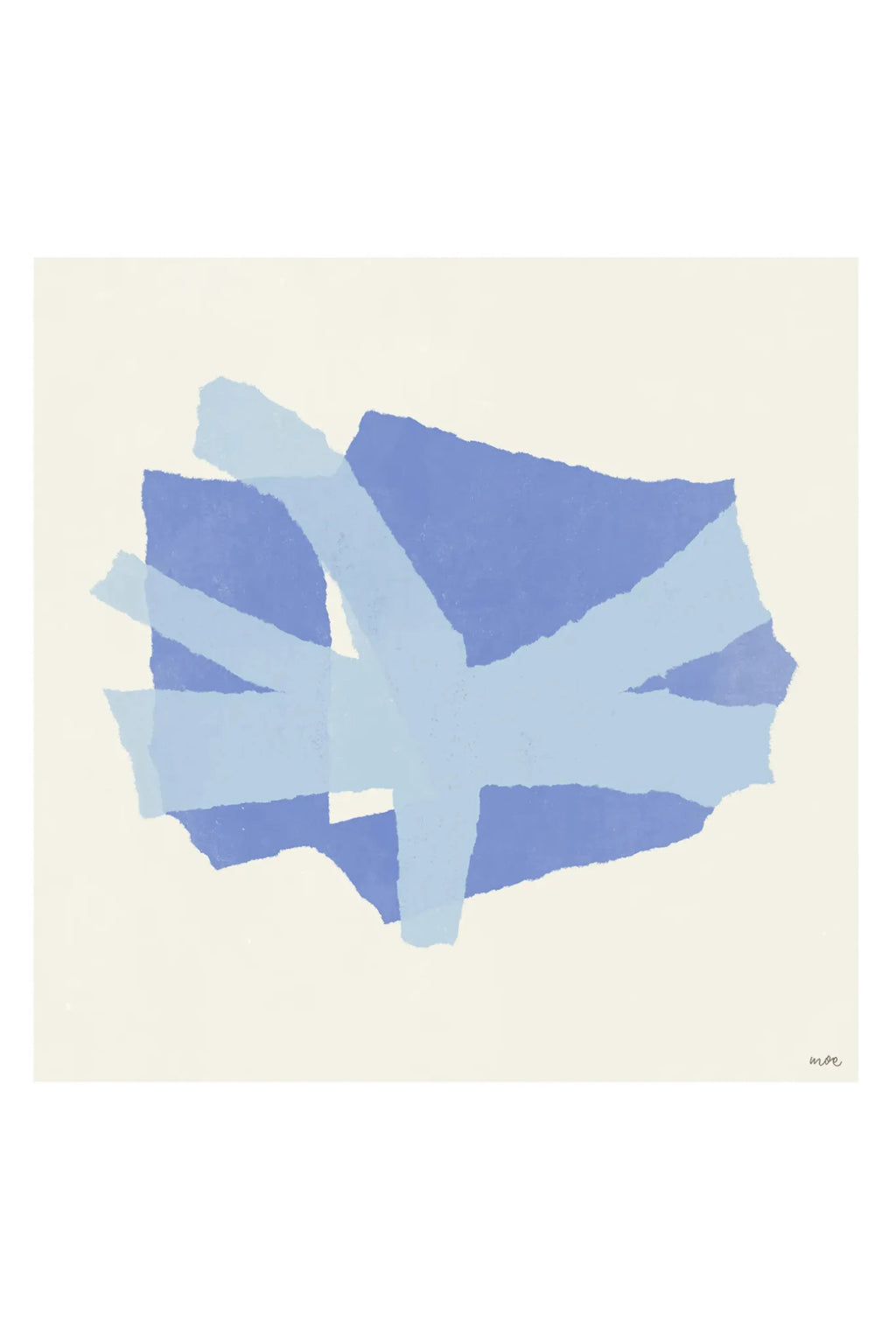 The Poster Club Branching IV, an abstract art print showcasing layered, torn-edge collage shapes in soft periwinkle blue and light sky blue tones, set against a warm cream background with a subtle textural finish.