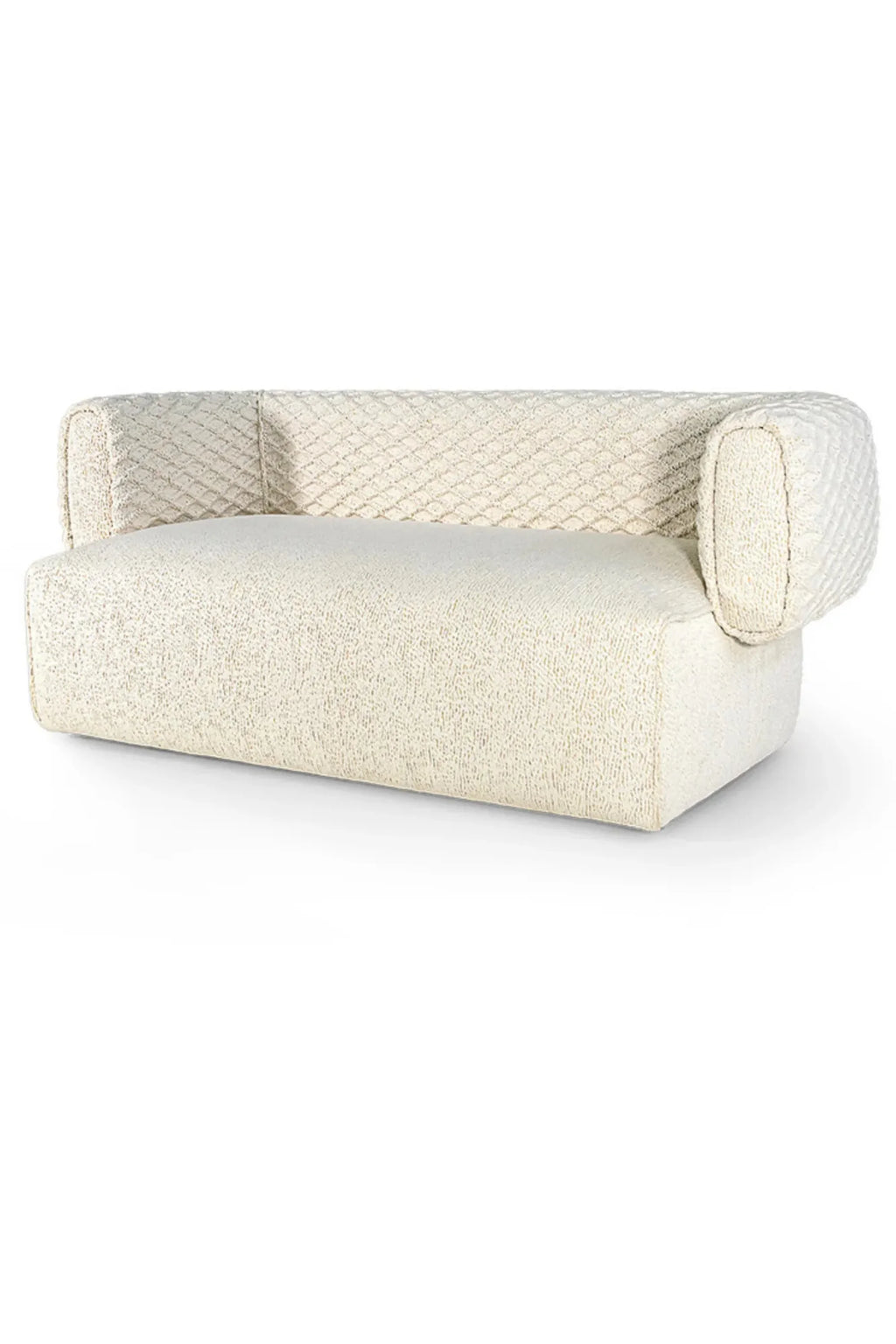 Hessentia Hug Sofa, a contemporary cream bouclé sofa featuring a plush, highly textured seat and distinctive diamond-quilted upholstery on its low backrest and rounded armrests. This organic modern 2-seater sofa offers a soft, inviting aesthetic for minimalist living rooms or cozy apartment spaces.