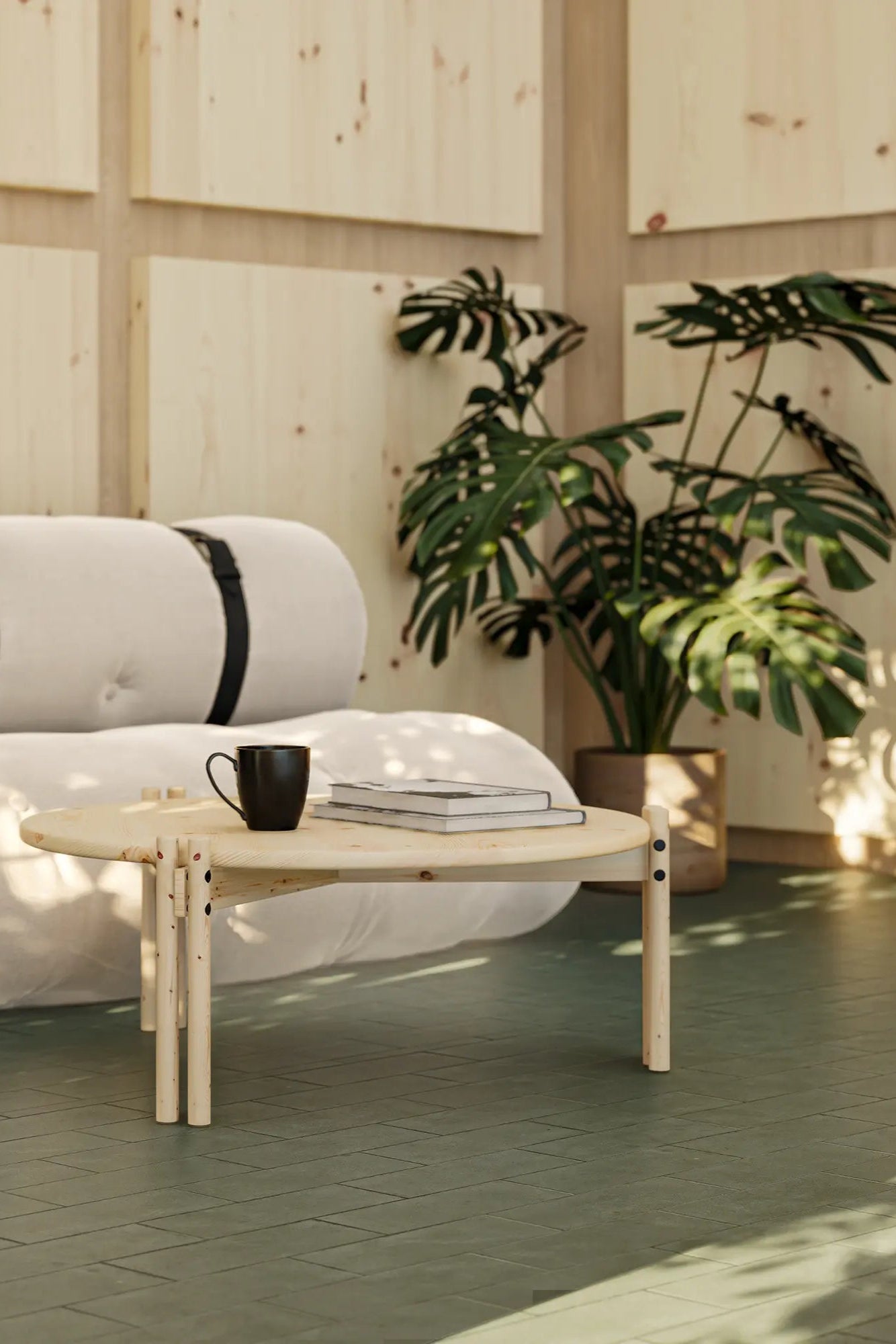 Rectangular low coffee table with sturdy wooden legs and smooth surface