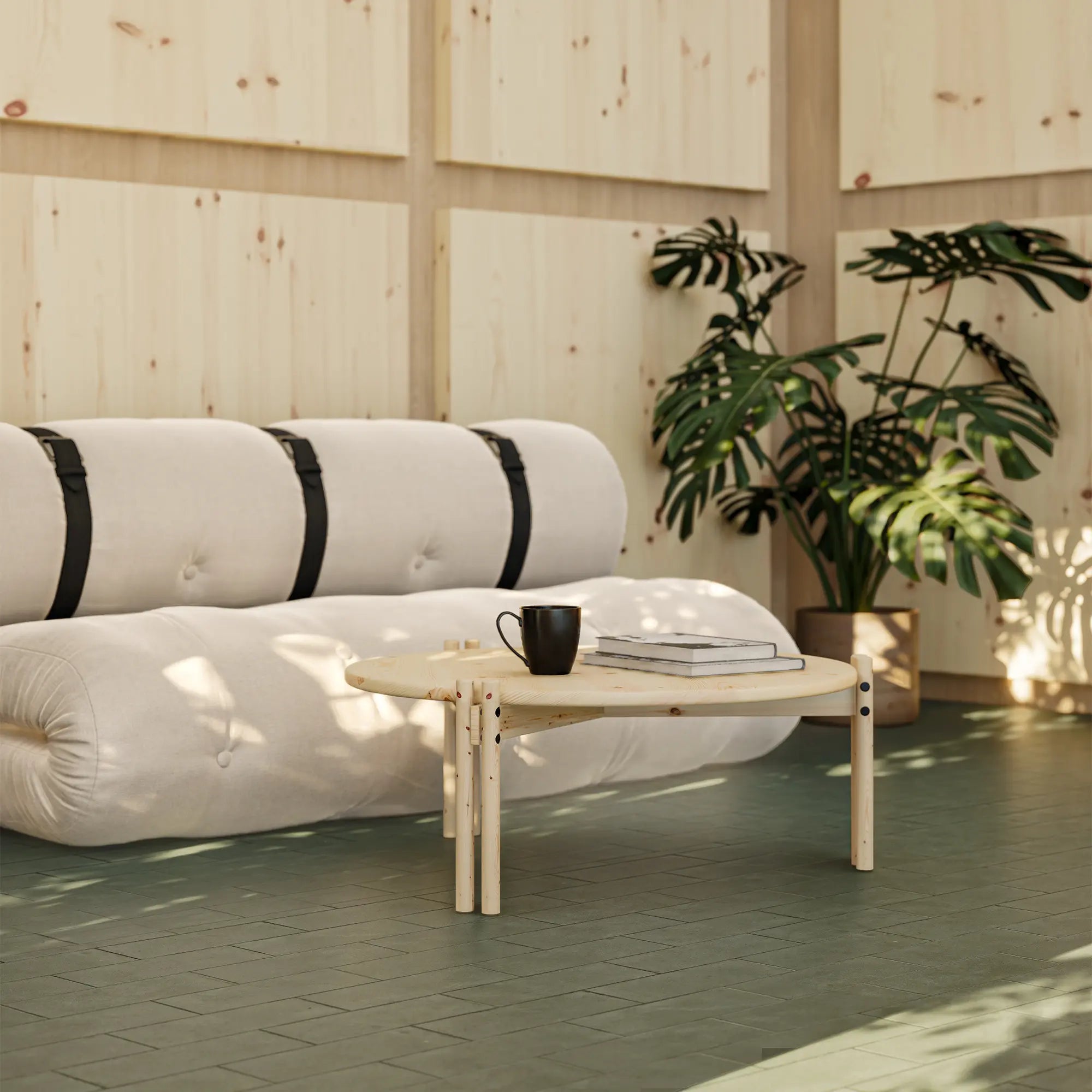 Rectangular low coffee table with sturdy wooden legs and smooth surface