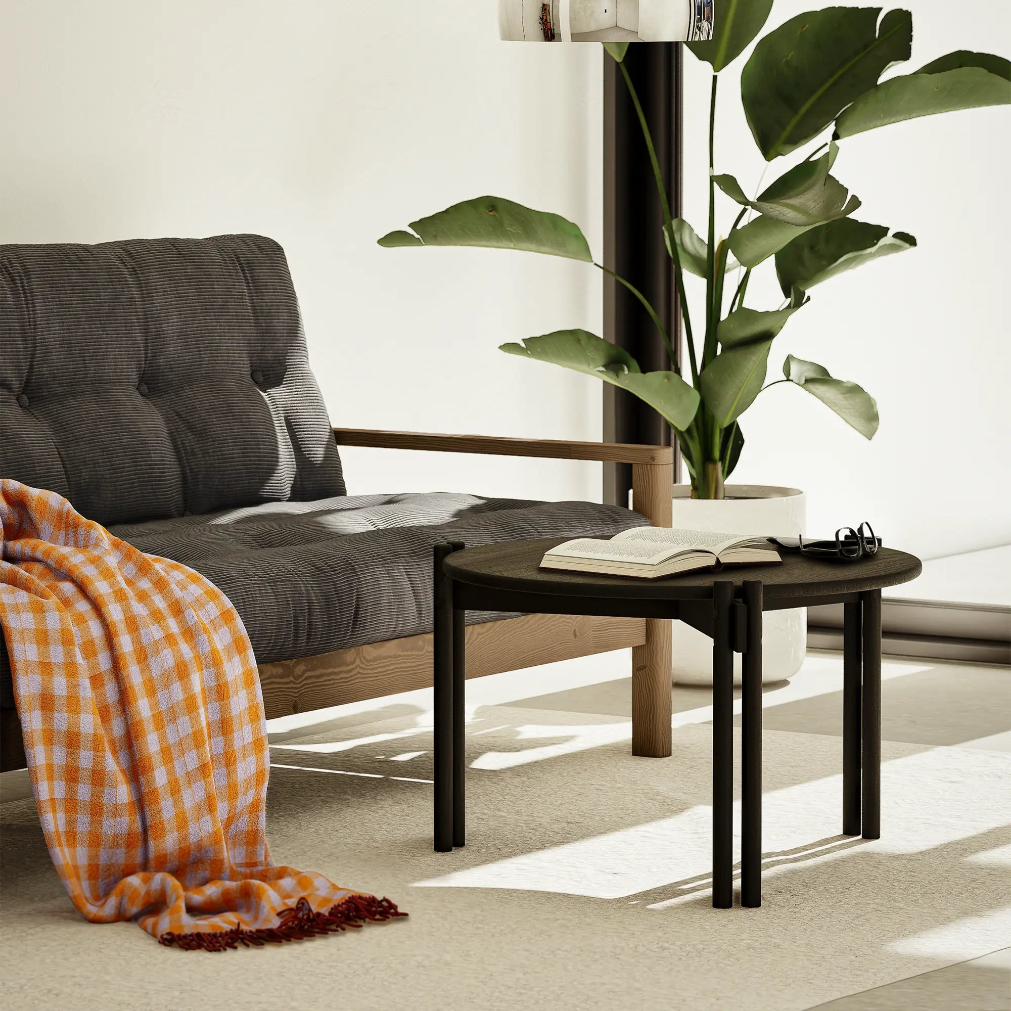 Rectangular coffee table with slender vertical wooden legs in dark finish