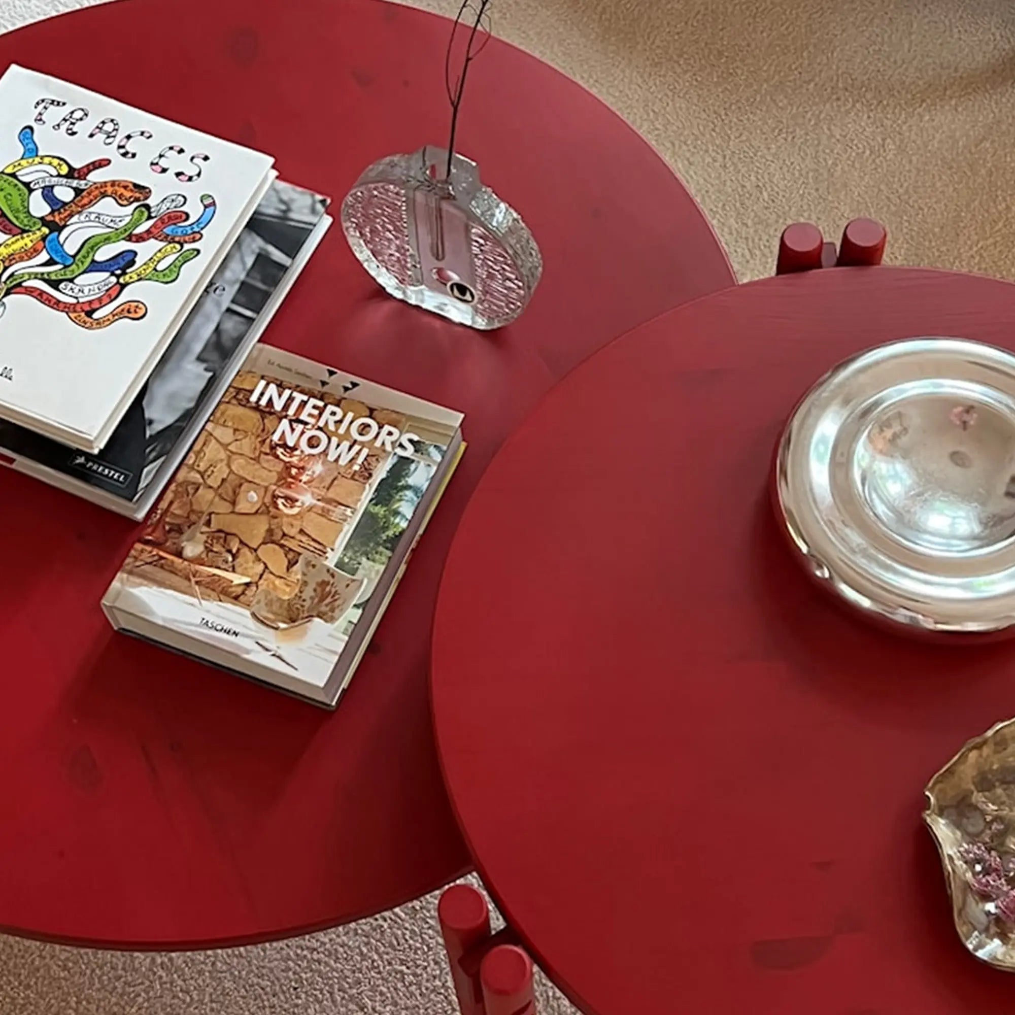 Stylish and modern low coffee table made of natural wood sticks