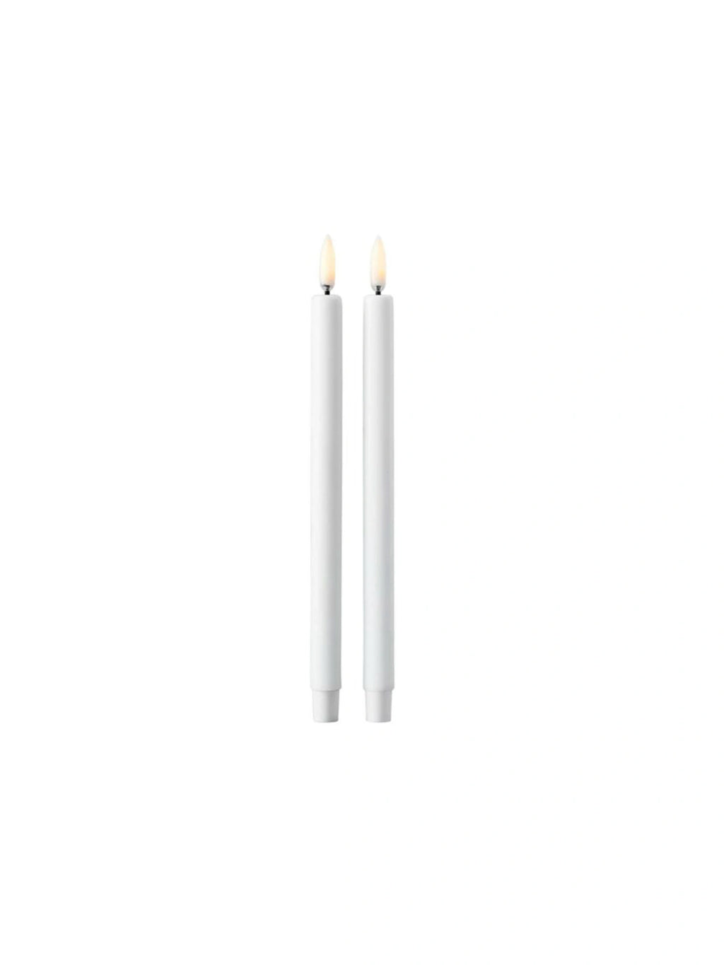 Stoff Nagel LED Candles - Set of 2, a pair of elegant white flameless taper candles featuring realistic flickering LED flames and a smooth, matte finish, perfectly sized for classic Stoff Nagel candle holders. These modern battery-operated candles provide safe, warm ambient lighting for Scandinavian dining tables, minimalist living rooms, or cozy bedroom decor.