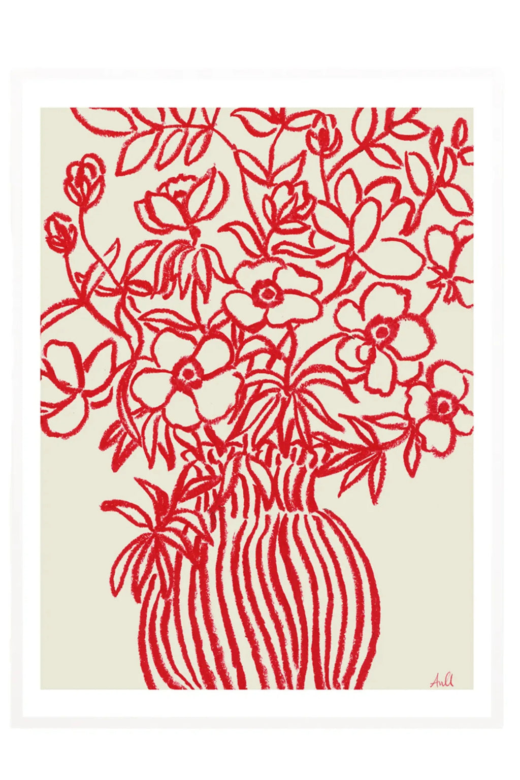 The Poster Club Poppy Studies I, a vibrant abstract floral art print featuring bold red hand-drawn poppies and foliage arranged in a striped vase against a creamy off-white background. The crayon-like texture gives this contemporary print a playful, minimalist aesthetic, presented here within a clean white frame. Ideal as colorful wall art for modern living rooms, bedrooms, or part of a gallery wall.