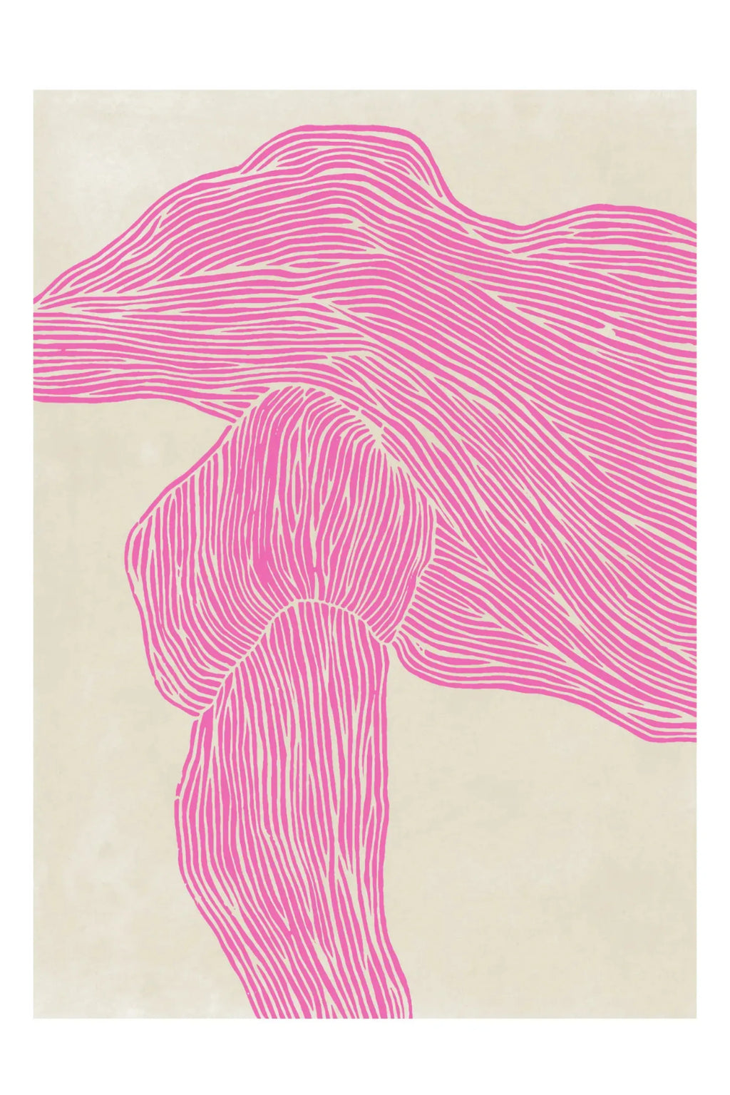 The Poster Club The Line – Pink, a vibrant abstract art print featuring bold fuchsia pink organic lines that flow dynamically across a textured light beige background, creating a sense of movement and depth. This contemporary graphic poster is ideal for adding a pop of color to modern minimalist living rooms or as striking wall art for a curated gallery wall.