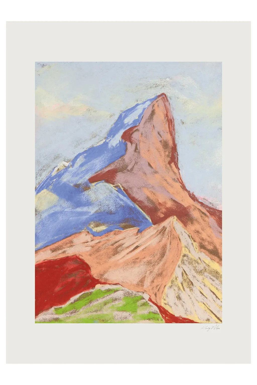 The Poster Club Cuillin Ridge VII, an expressive abstract landscape art print featuring a vibrant mountain range rendered in soft, textured pastel-like strokes. This colorful wall art showcases a striking peak in warm peach, red, and blue tones against a light blue sky, with a bold green and red foreground. It's perfect for adding a modern artistic touch to living rooms, bedrooms, or contemporary gallery walls.