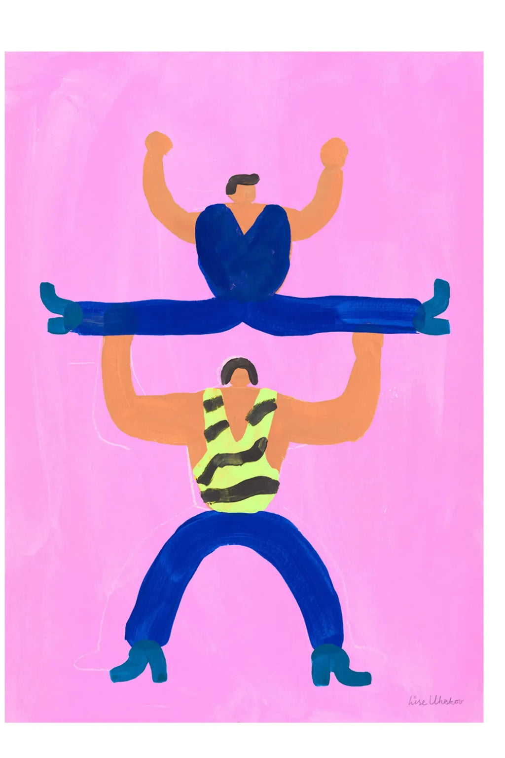 The Poster Club I will super carry You, a playful abstract art print featuring two stylized figures in bold, painterly brushstrokes against a vibrant pink background. The lower figure, in blue pants and a lime green and black striped top, lifts the upper figure, dressed in deep blue, who performs a split. Perfect as a colorful contemporary wall art piece for modern interiors, kids' rooms, or a bold gallery wall statement.