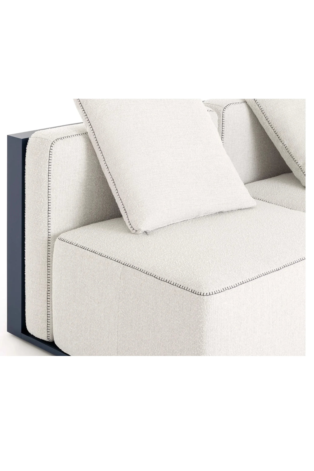 Gandia Blasco Islablanca Outdoor Sofa - Sectional 1, a contemporary outdoor sectional featuring plush cream-colored, textured outdoor fabric cushions with distinctive dark contrasting stitching, set within a sleek dark grey aluminum frame. This modern minimalist outdoor sofa is perfect for creating a luxurious outdoor living room or stylish patio seating.