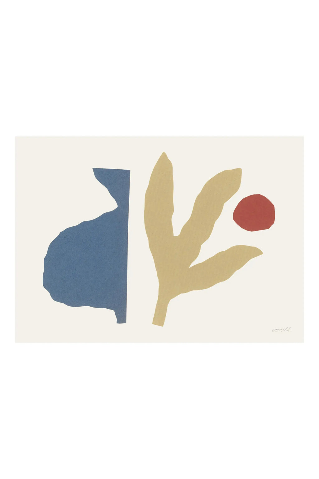 The Poster Club February Landscape, a contemporary abstract art print featuring organic cut-out shapes in a muted color palette of dusty blue, earthy ochre, and terracotta red, set against a soft cream background.