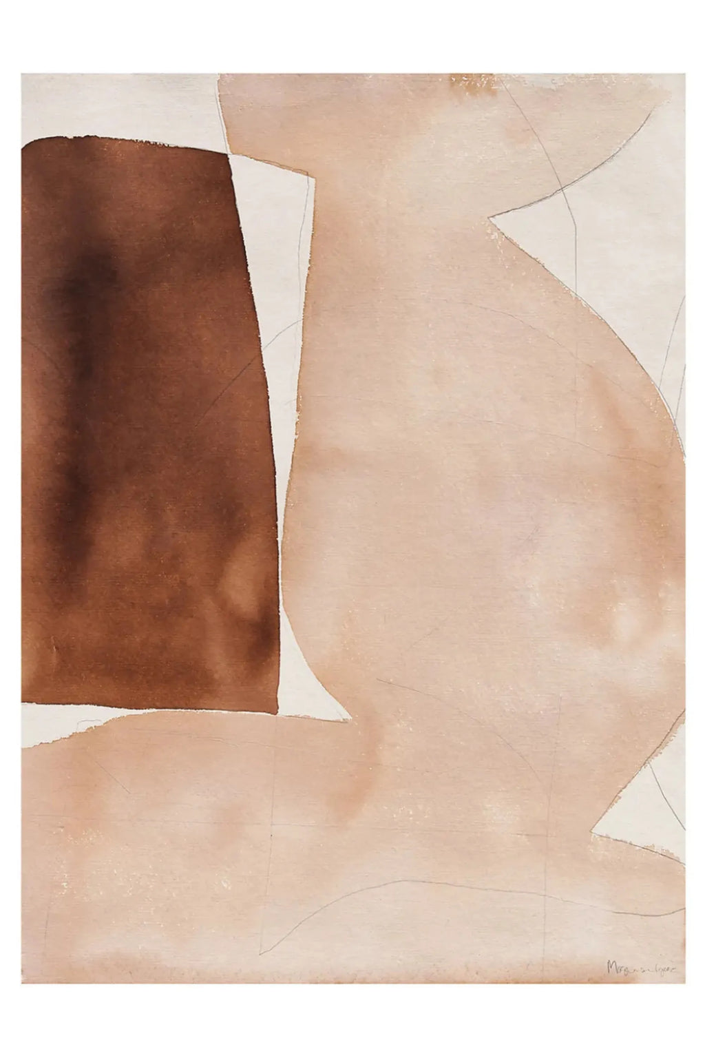 The Poster Club Bloom, an abstract art print featuring a bold block of rich dark brown contrasting with soft, organic shapes in warm beige and cream, accented by subtle grey lines and painterly textures. This contemporary poster captures an organic modern aesthetic, perfect for minimalist living rooms, Scandinavian bedrooms, or earthy gallery walls.