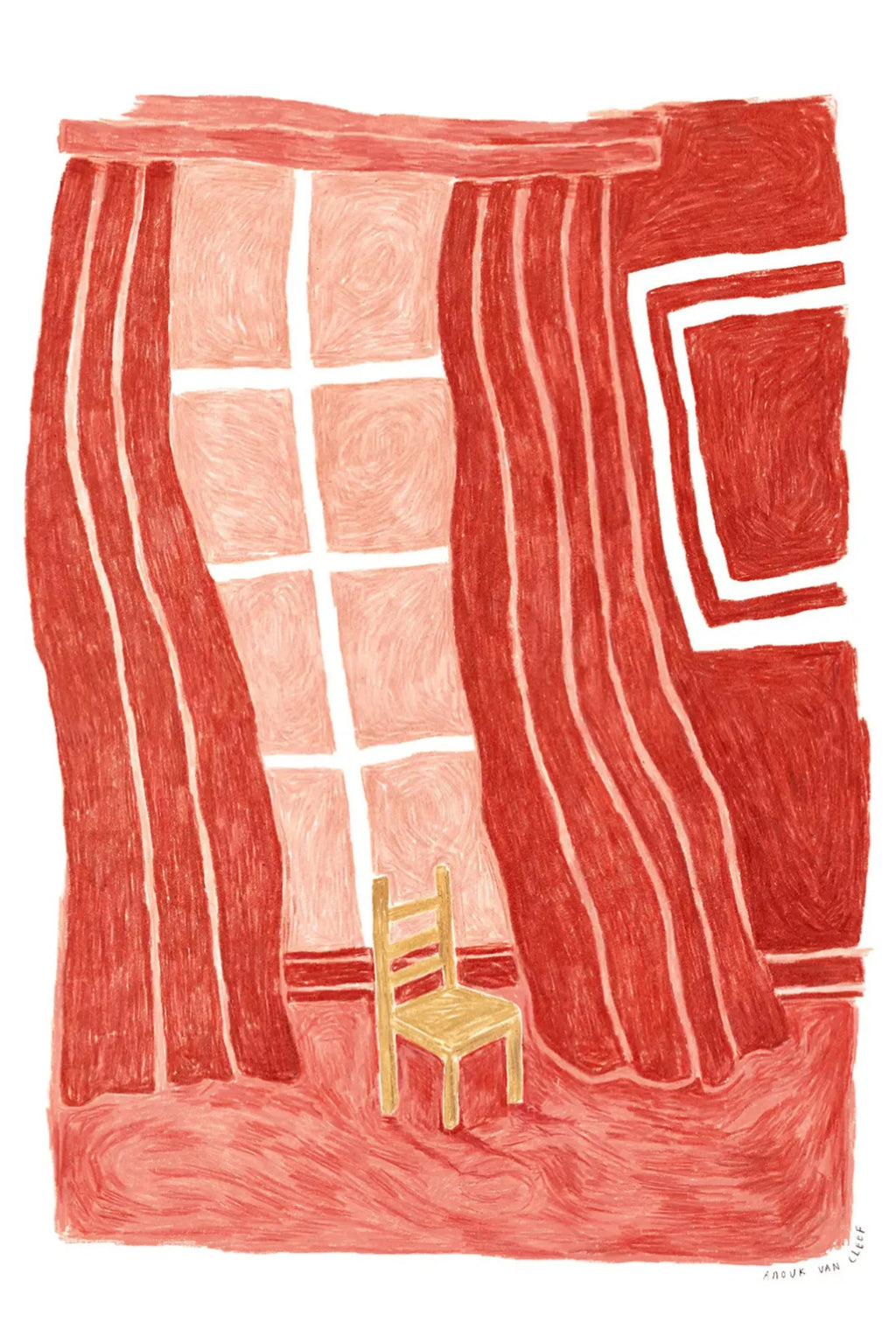 The Poster Club Goodmorning it’s Tomorrow, an expressive naive art print featuring a room with vivid terracotta and coral red walls, curtains, and floor, rendered with a hand-drawn, textured crayon-like finish. A light yellow wooden chair sits before a multi-paned window, offering a warm and inviting folk art illustration. Perfect as a colorful contemporary art print for a cozy bedroom or living room gallery wall.