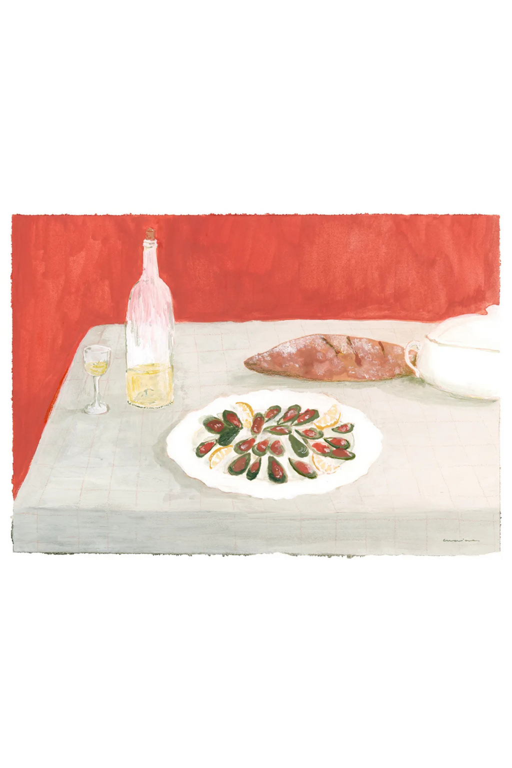The Poster Club Bodegón con Mejillones, a vibrant folk art print featuring a painterly still life of mussels with lemon, a wine bottle, and bread on a light grey tablecloth, set against a bold red background. This contemporary art poster captures a rustic Mediterranean dining scene with visible brushstrokes and warm, inviting colors. Perfect as kitchen wall art or dining room decor for a cozy, artistic atmosphere.