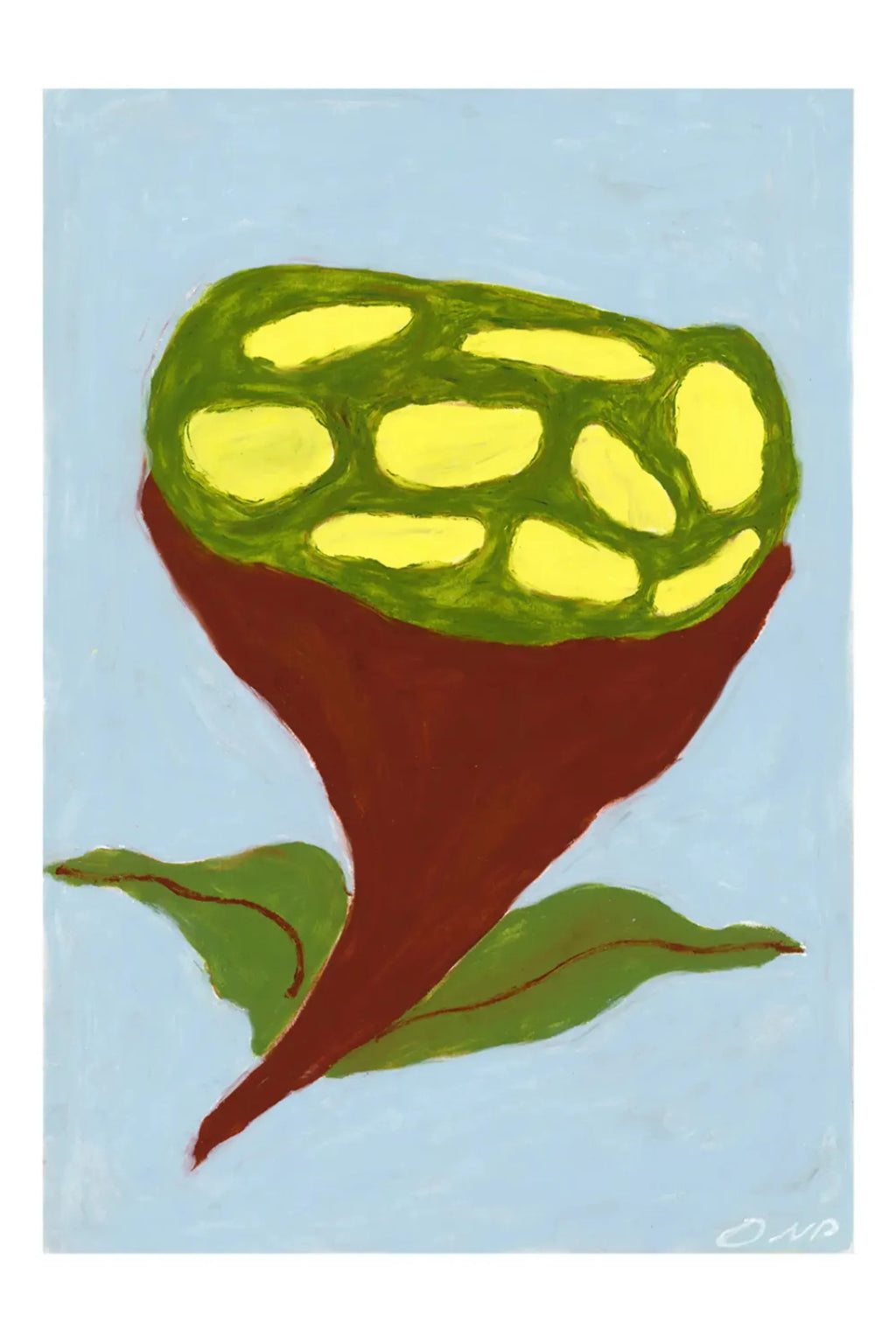 The Poster Club Flower Flying, a vibrant abstract art print depicting an organic, flower-like form in bright yellow and deep green with a reddish-brown base and stem, set against a soft light blue background. This modern minimalist poster features a painterly texture and organic shapes, perfect as contemporary wall art for a living room, bedroom, or gallery wall.