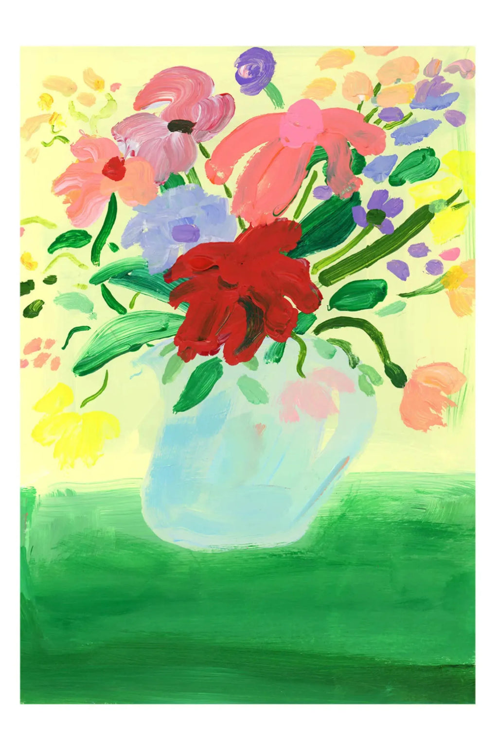 The Poster Club Flowers on Green Tablecloth, a vibrant abstract floral art print featuring bold, painterly brushstrokes depicting a lively bouquet of red, pink, coral, yellow, purple, and.