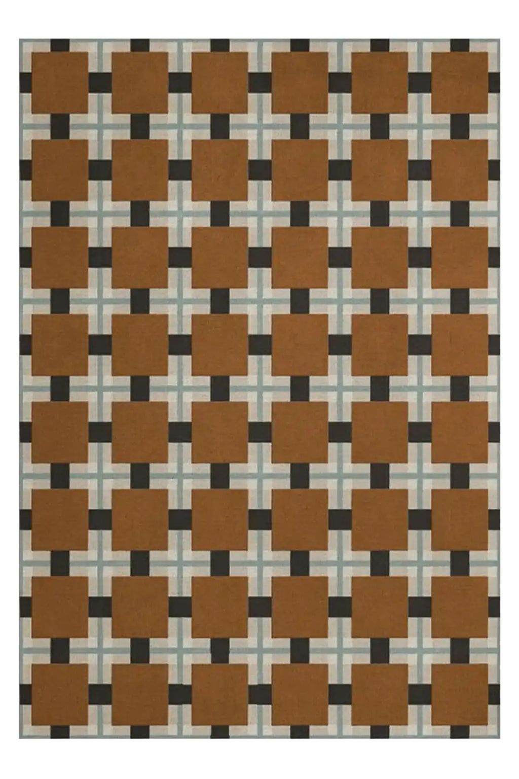 Layered Ochre Fields Wool Rug, an ochre brown and charcoal black interlocking square pattern on a light blue and cream plaid background. This geometric area rug is perfect for adding modern warmth...