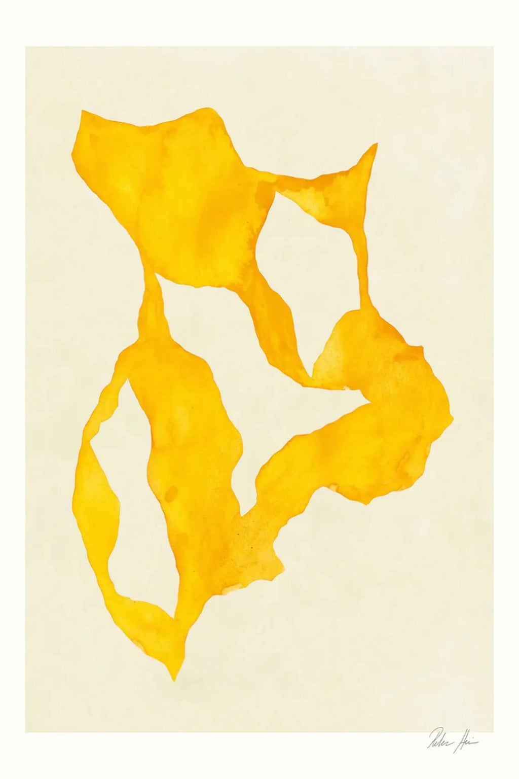 The Poster Club Shadow no. 14, a minimalist abstract art print featuring fluid, organic golden yellow watercolor shapes with soft edges against a warm cream background, creating a serene and contemporary visual. The subtle texture of the paint adds depth to this modern wall art, perfect for Scandinavian living rooms, Japandi bedrooms, or minimalist home offices.